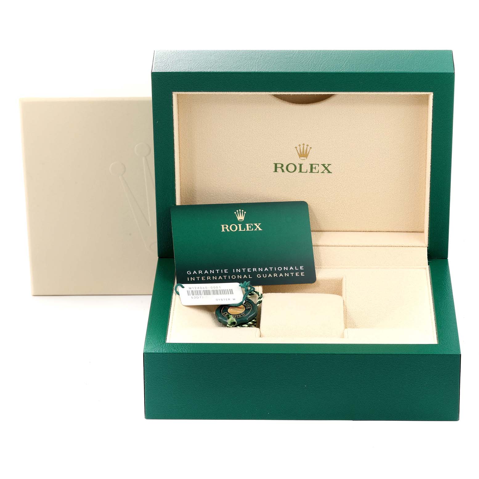 The image shows the open green and cream packaging box for a Rolex Submariner 124060 Men
s Stainless Steel Black Dial 124060 Men
s Stainless Steel Black Dial watch, containing its international guarantee card and tags.