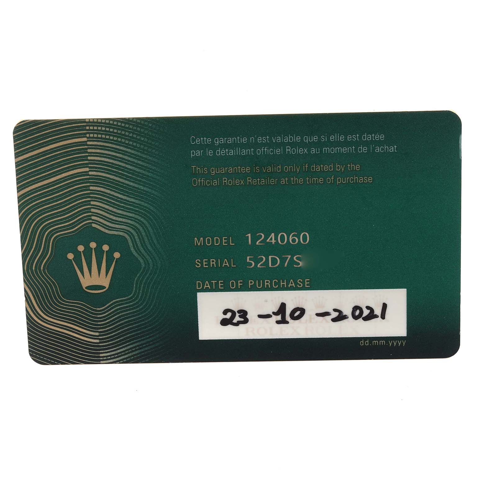 This image shows the guarantee card for the Rolex Submariner 124060 Men
s Stainless Steel Black Dial 124060 Men
s Stainless Steel Black Dial model 124060 with the purchase date of 23-10-2021.