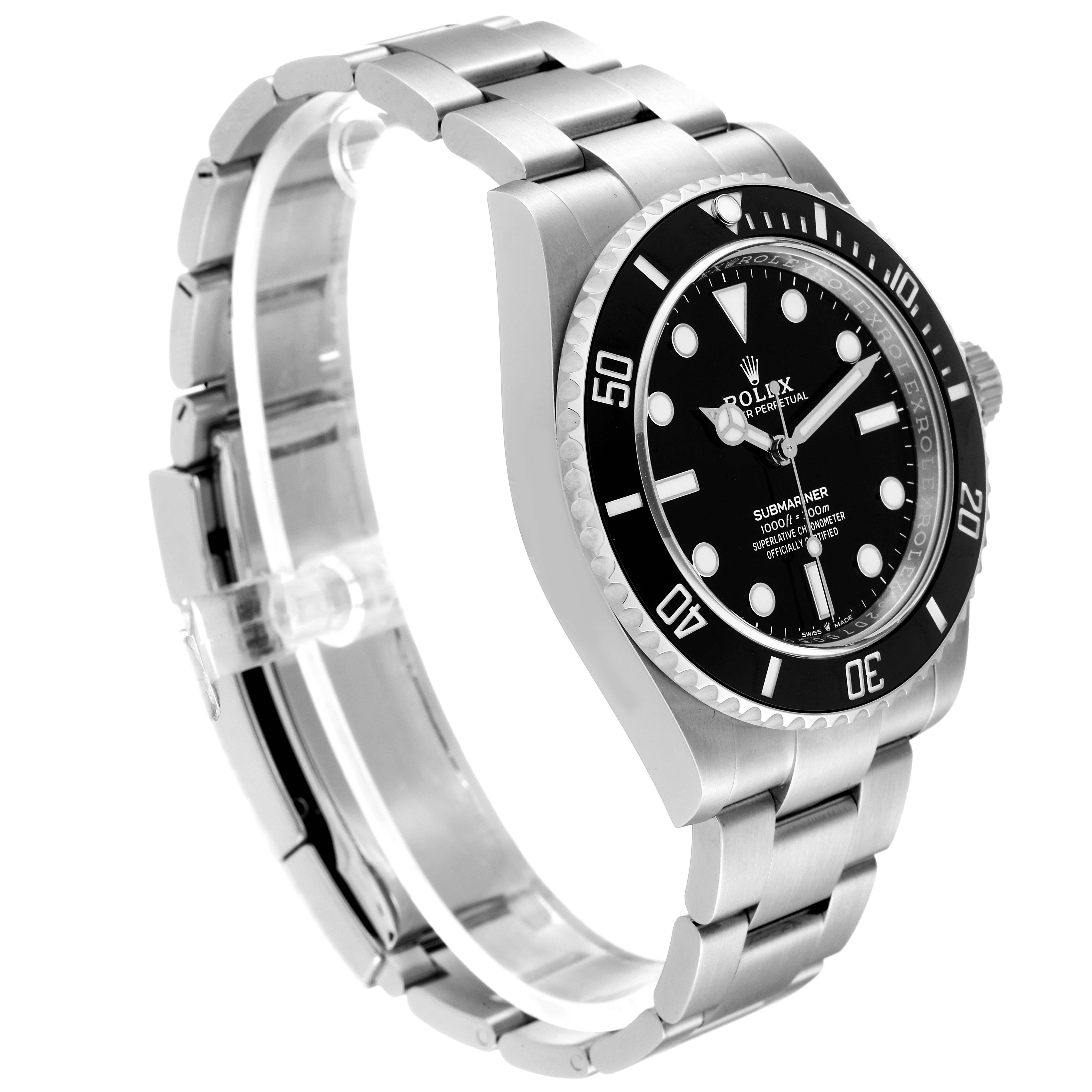 This image shows a Rolex Submariner 124060 Men
s Stainless Steel Black Dial 124060 Men
s Stainless Steel Black Dial watch from a front-side angle, highlighting the bezel, dial, and stainless steel bracelet.