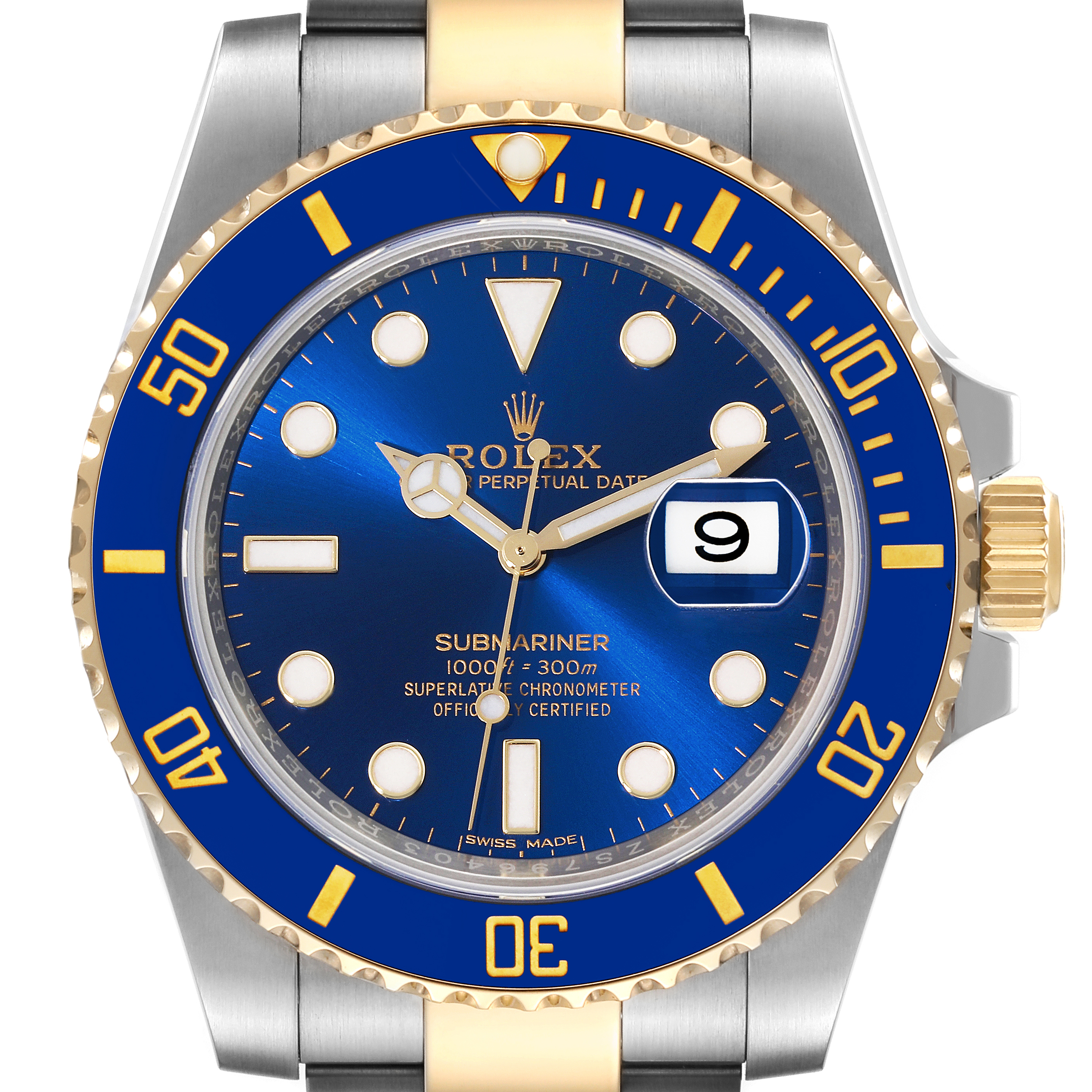 The image shows a front view of the Rolex Submariner 116613 Men's Steel and Gold (two tone) Blue Dial 116613 Men's Steel and Gold (two tone) Blue Dial watch, displaying its blue dial, date window, rotating bezel, and two-tone bracelet.