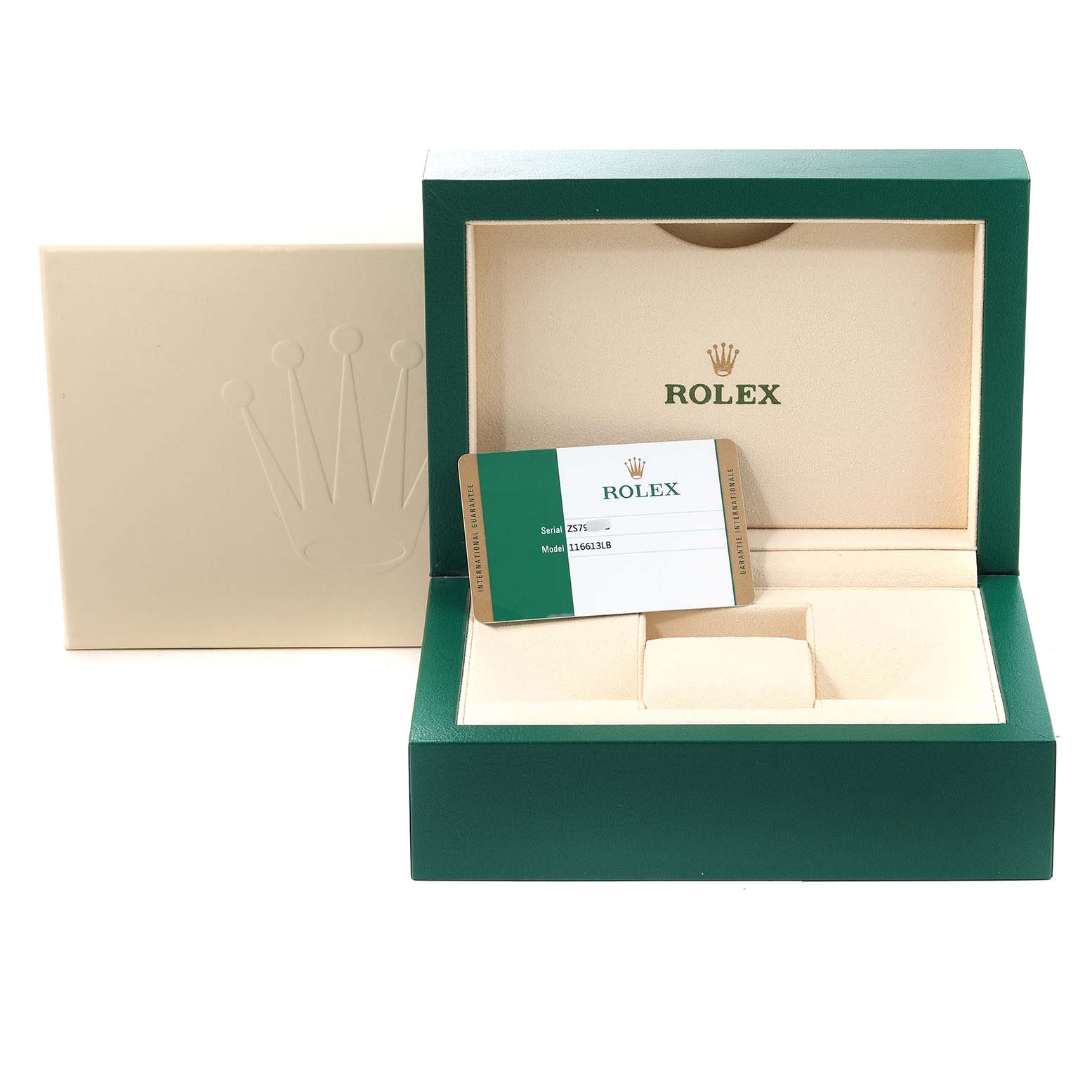 The image shows the storage box, outer packaging, and warranty card for a Rolex Submariner 116613 Men's Steel and Gold (two tone) Blue Dial 116613 Men's Steel and Gold (two tone) Blue Dial watch.