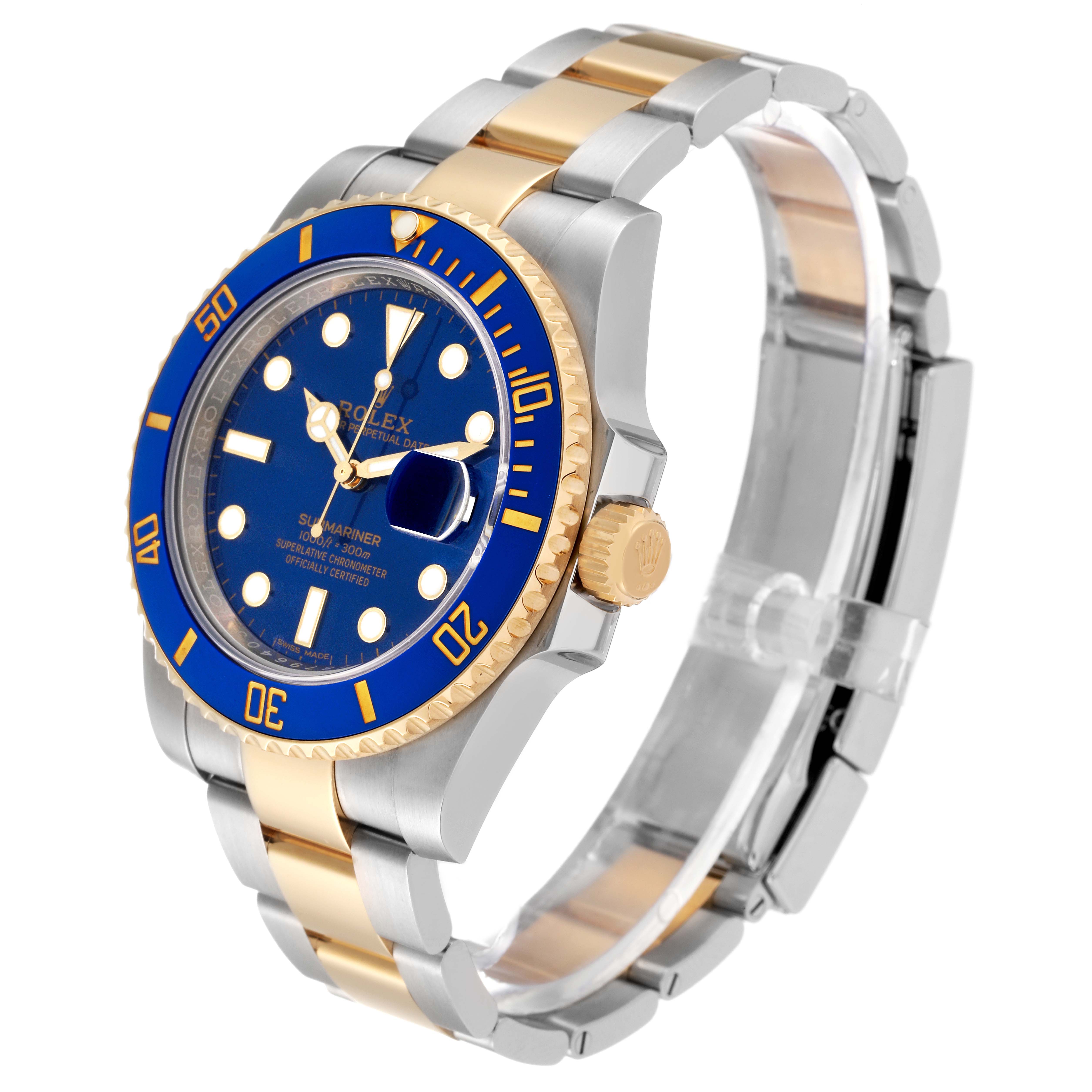 The image shows a Rolex Submariner 116613 Men's Steel and Gold (two tone) Blue Dial 116613 Men's Steel and Gold (two tone) Blue Dial watch from an angled side view, displaying its blue dial, bezel, and two-tone band.