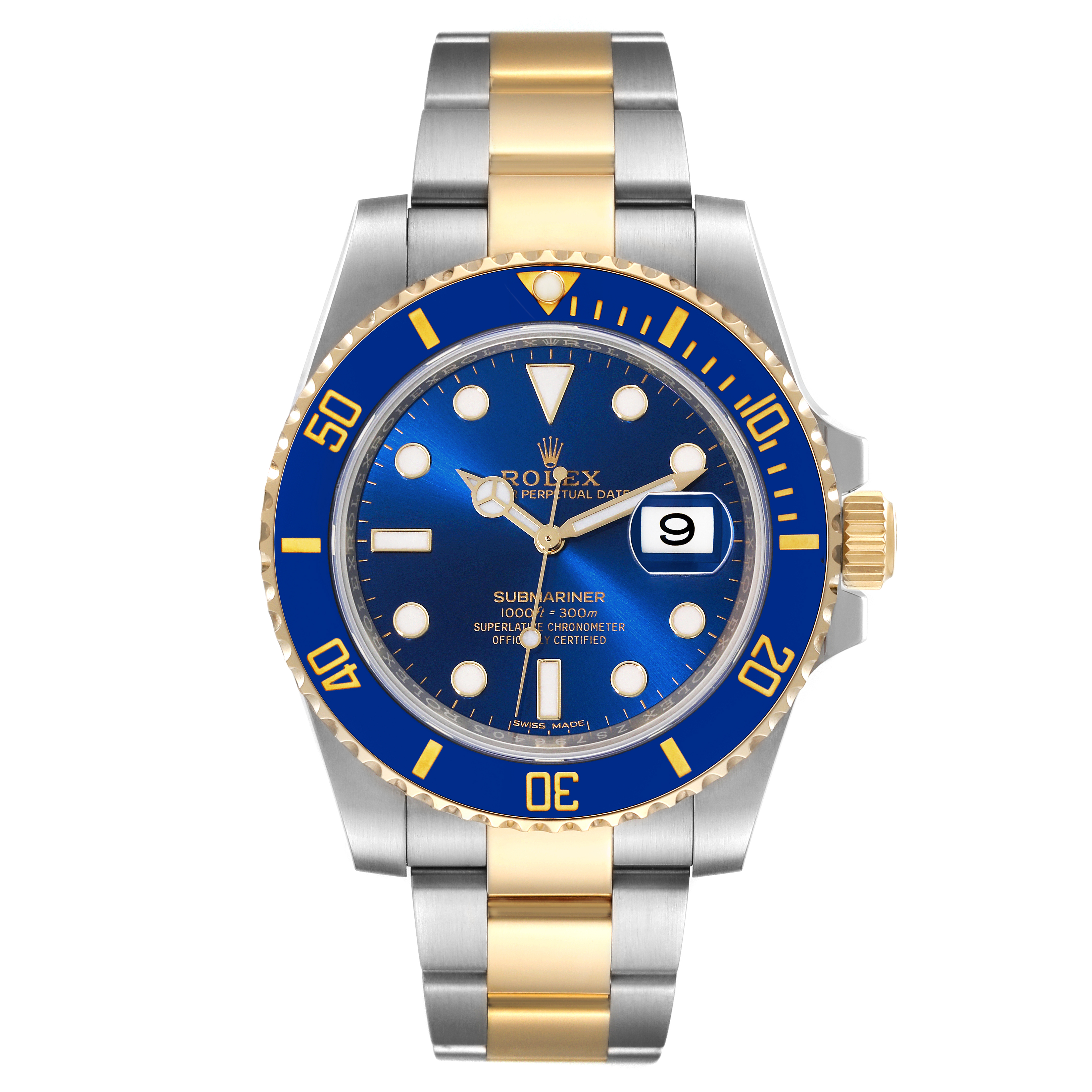 This is a front view of a Rolex Submariner 116613 Men's Steel and Gold (two tone) Blue Dial 116613 Men's Steel and Gold (two tone) Blue Dial watch, showing the dial, bezel, case, crown, and bracelet.