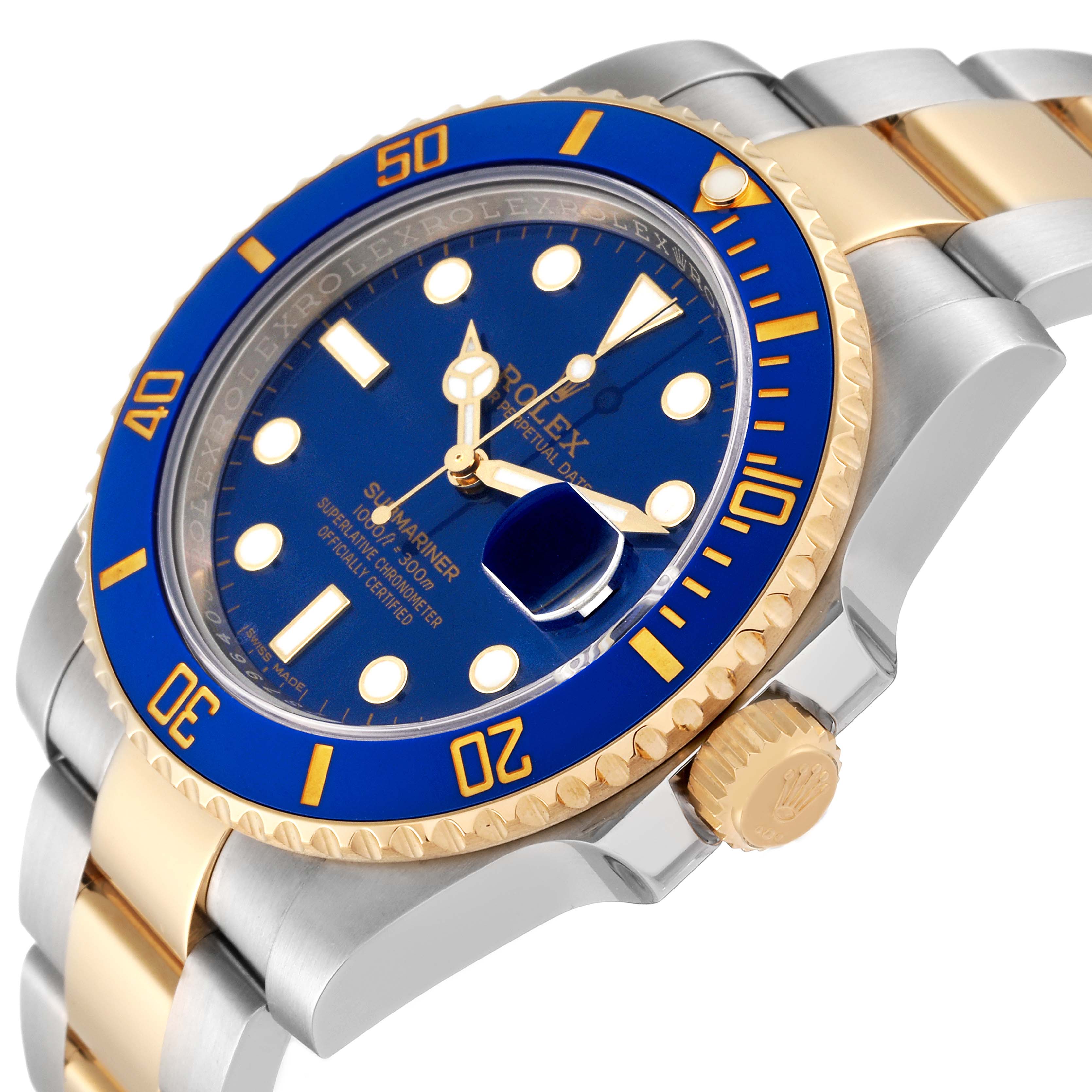 The image shows a side angle of a Rolex Submariner 116613 Men's Steel and Gold (two tone) Blue Dial 116613 Men's Steel and Gold (two tone) Blue Dial with a blue and yellow bezel, blue dial, and a two-tone metal bracelet.