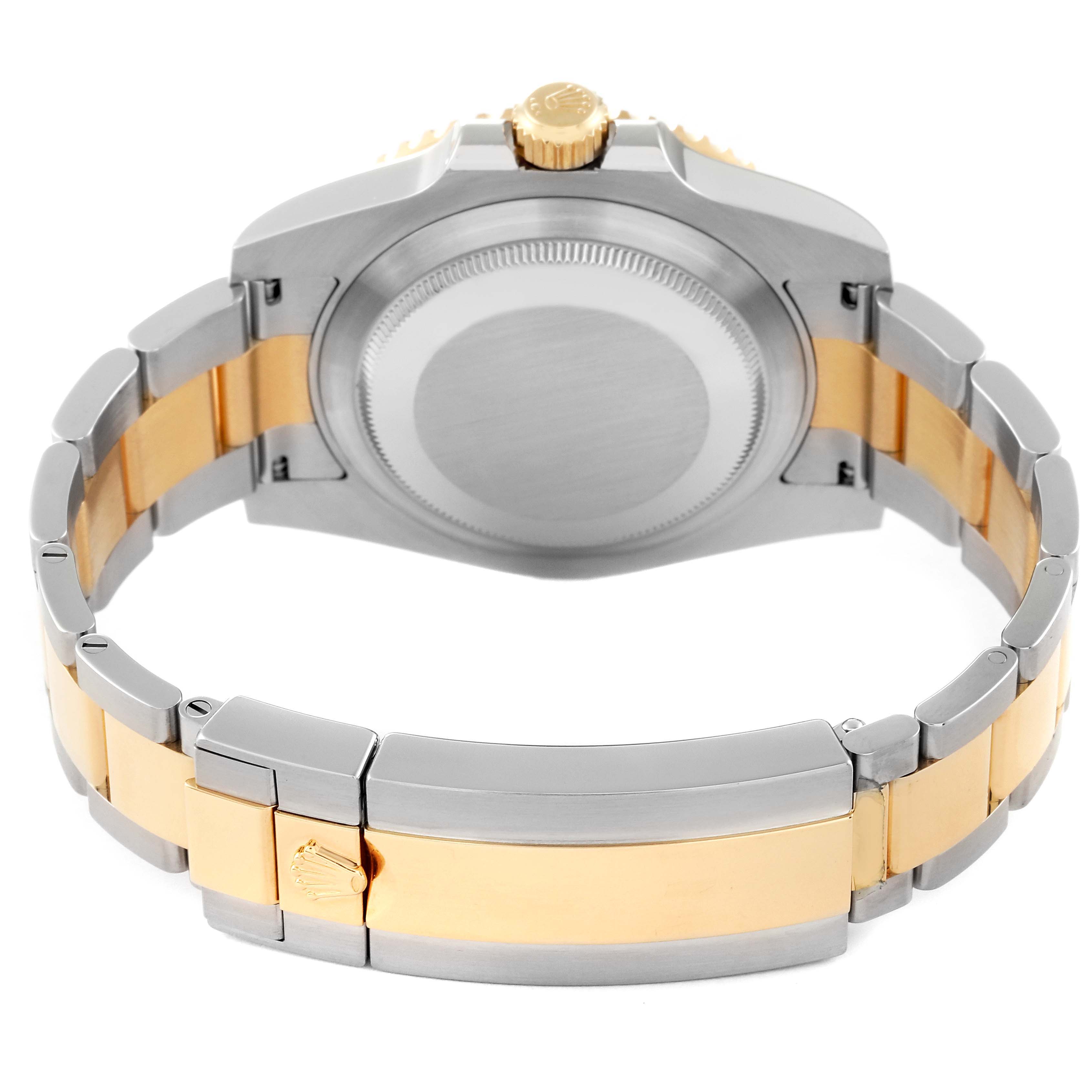 The image shows the back view of a Rolex Submariner 116613 Men's Steel and Gold (two tone) Blue Dial 116613 Men's Steel and Gold (two tone) Blue Dial watch, highlighting its case back, crown, and two-tone bracelet.