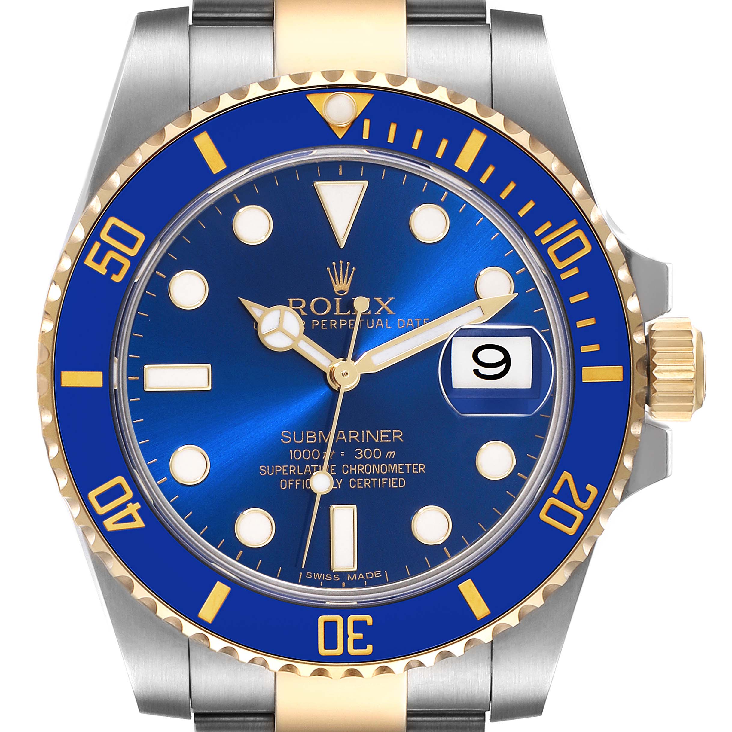 The image shows a front view of a Rolex Submariner 116613 Men's Steel and Gold (two tone) Blue Dial 116613 Men's Steel and Gold (two tone) Blue Dial watch with a blue bezel and dial, and a two-tone metal bracelet.
