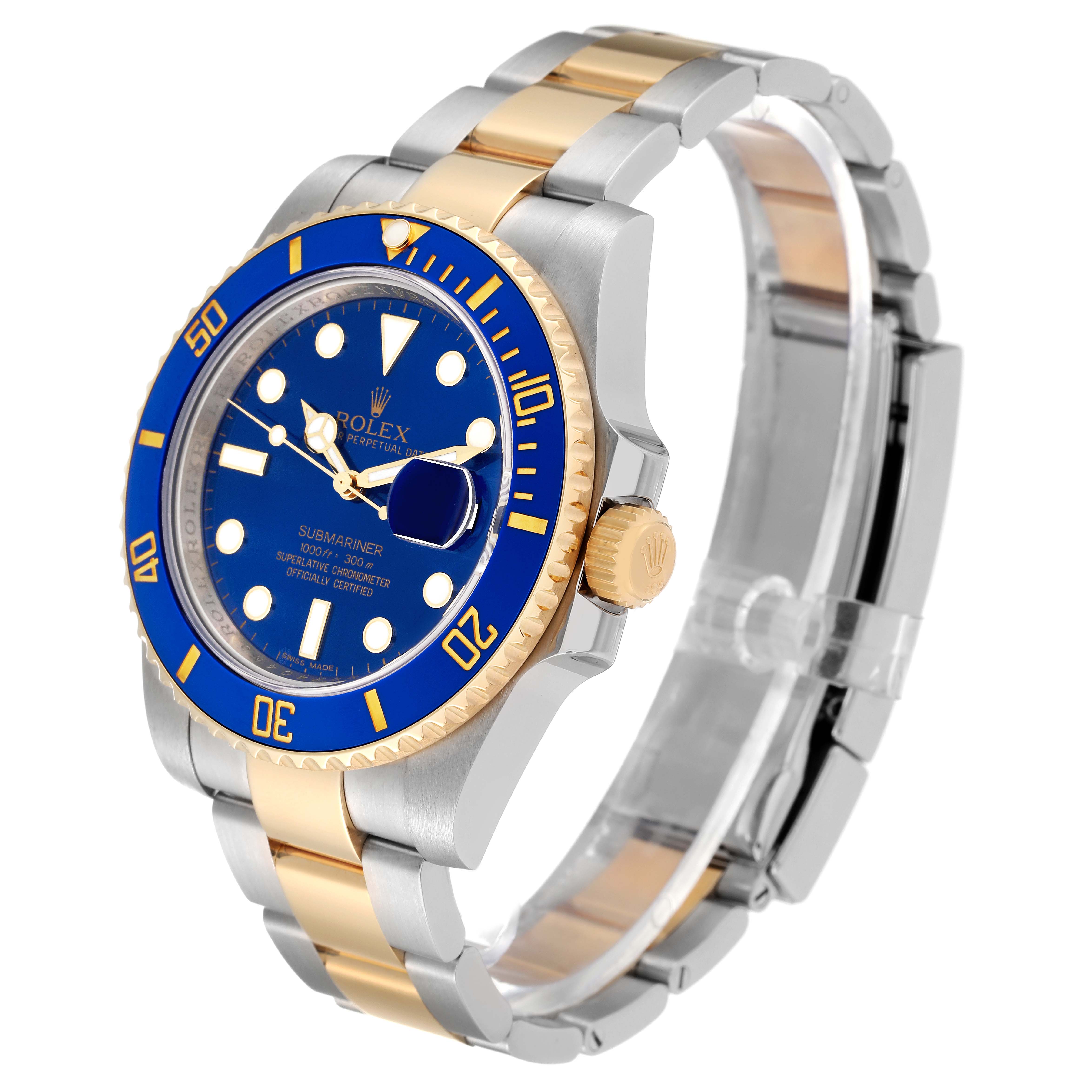 This image shows a side angle of a Rolex Submariner 116613 Men's Steel and Gold (two tone) Blue Dial 116613 Men's Steel and Gold (two tone) Blue Dial, displaying its blue and gold bezel, dial, and two-tone metal bracelet.