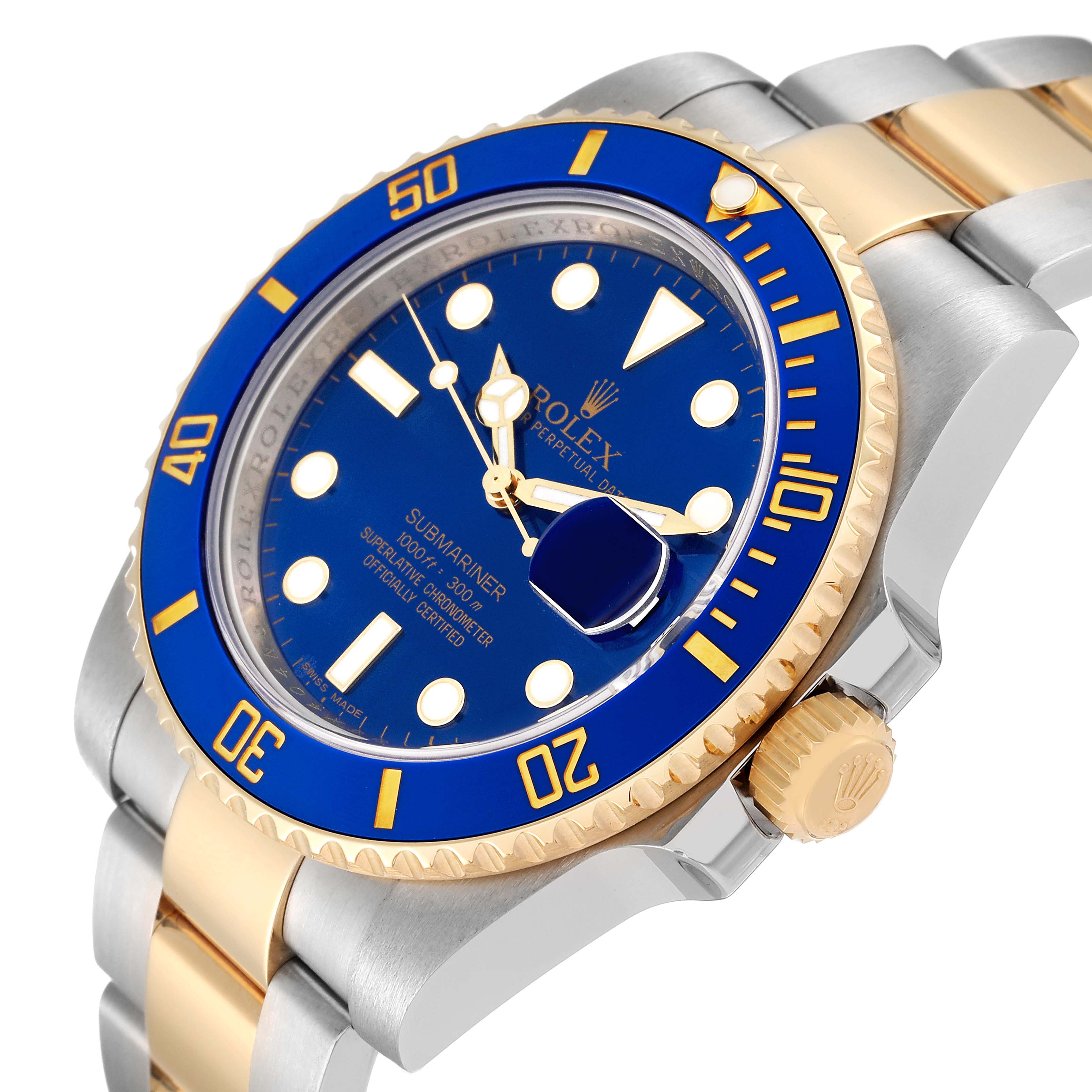 The image shows a close-up of the Rolex Submariner 116613 Men's Steel and Gold (two tone) Blue Dial 116613 Men's Steel and Gold (two tone) Blue Dial watch at an angle highlighting the blue dial, bezel, and gold accents on the bracelet.