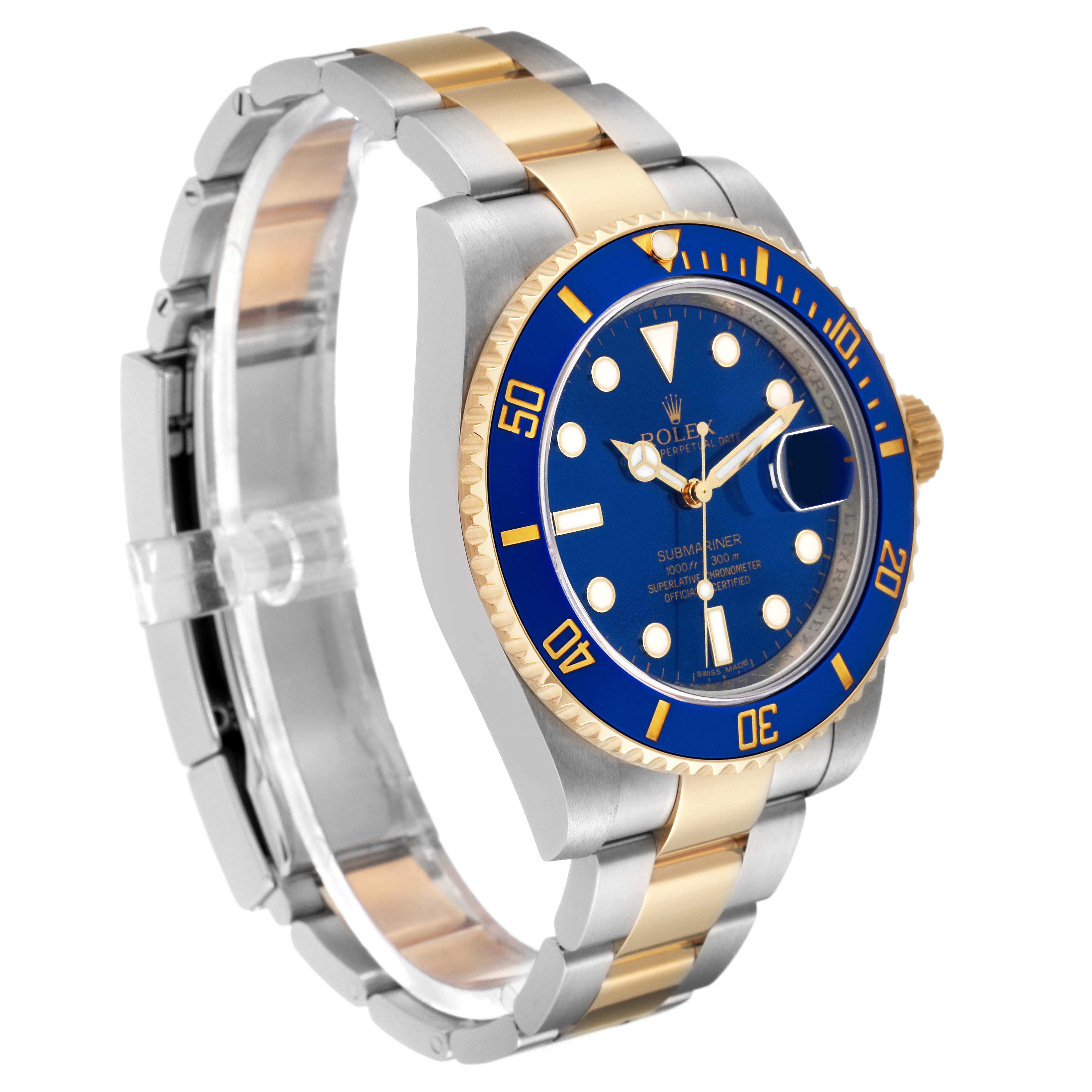 The image shows a side view of a Rolex Submariner 116613 Men's Steel and Gold (two tone) Blue Dial 116613 Men's Steel and Gold (two tone) Blue Dial watch, highlighting its bracelet, bezel, and dial.
