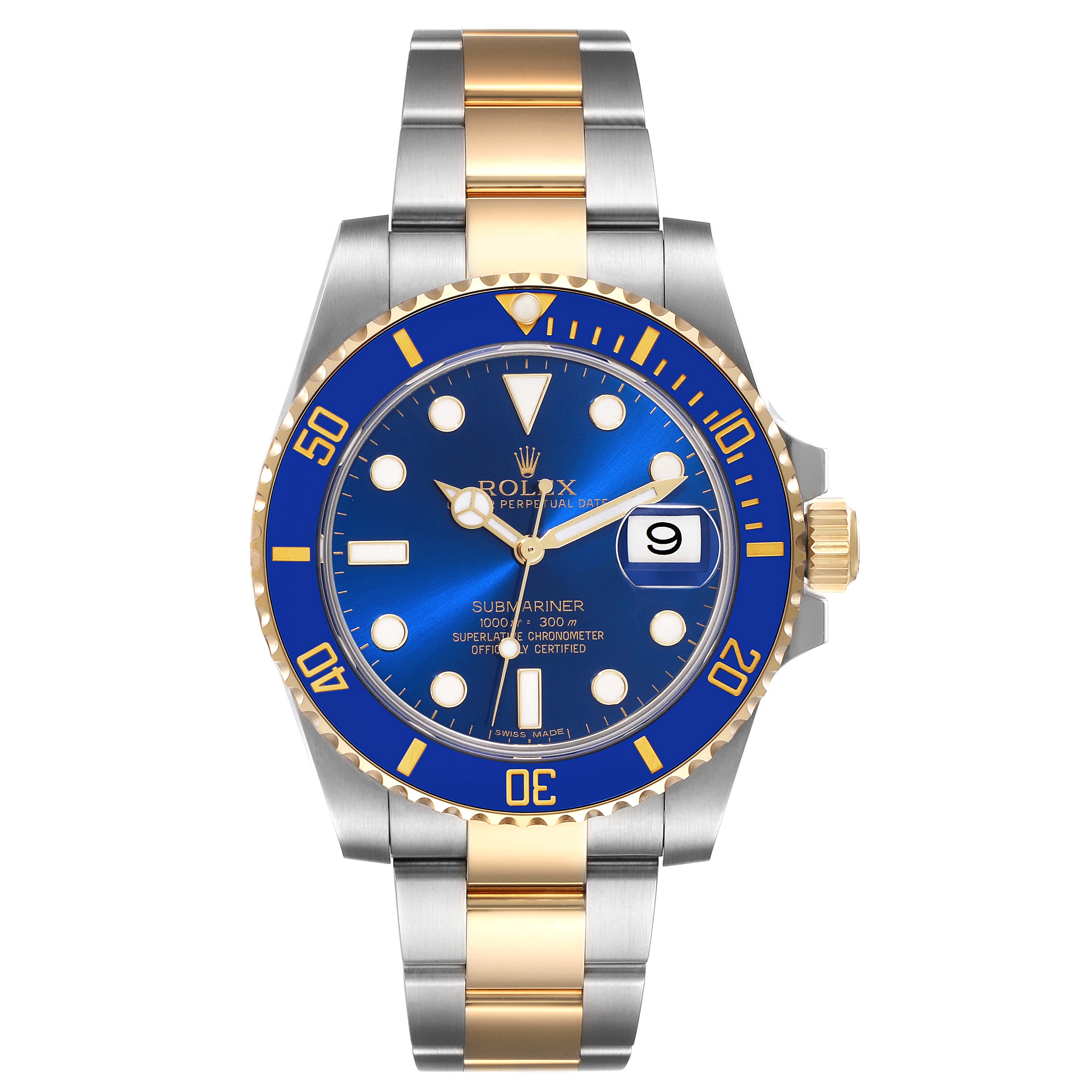 The image shows a front view of a Rolex Submariner 116613 Men's Steel and Gold (two tone) Blue Dial 116613 Men's Steel and Gold (two tone) Blue Dial watch with a blue dial and bezel, gold accents, and a two-tone bracelet.