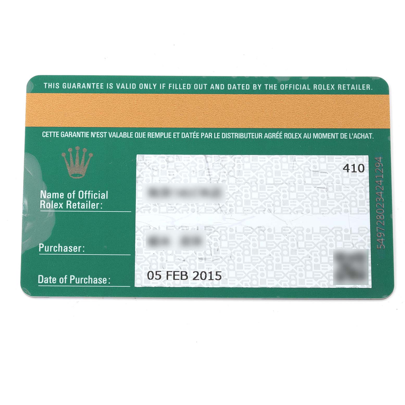 This image shows the warranty card for a Rolex Submariner 116613 Men's Steel and Gold (two tone) Blue Dial 116613 Men's Steel and Gold (two tone) Blue Dial watch, displaying the date of purchase and retailer information.