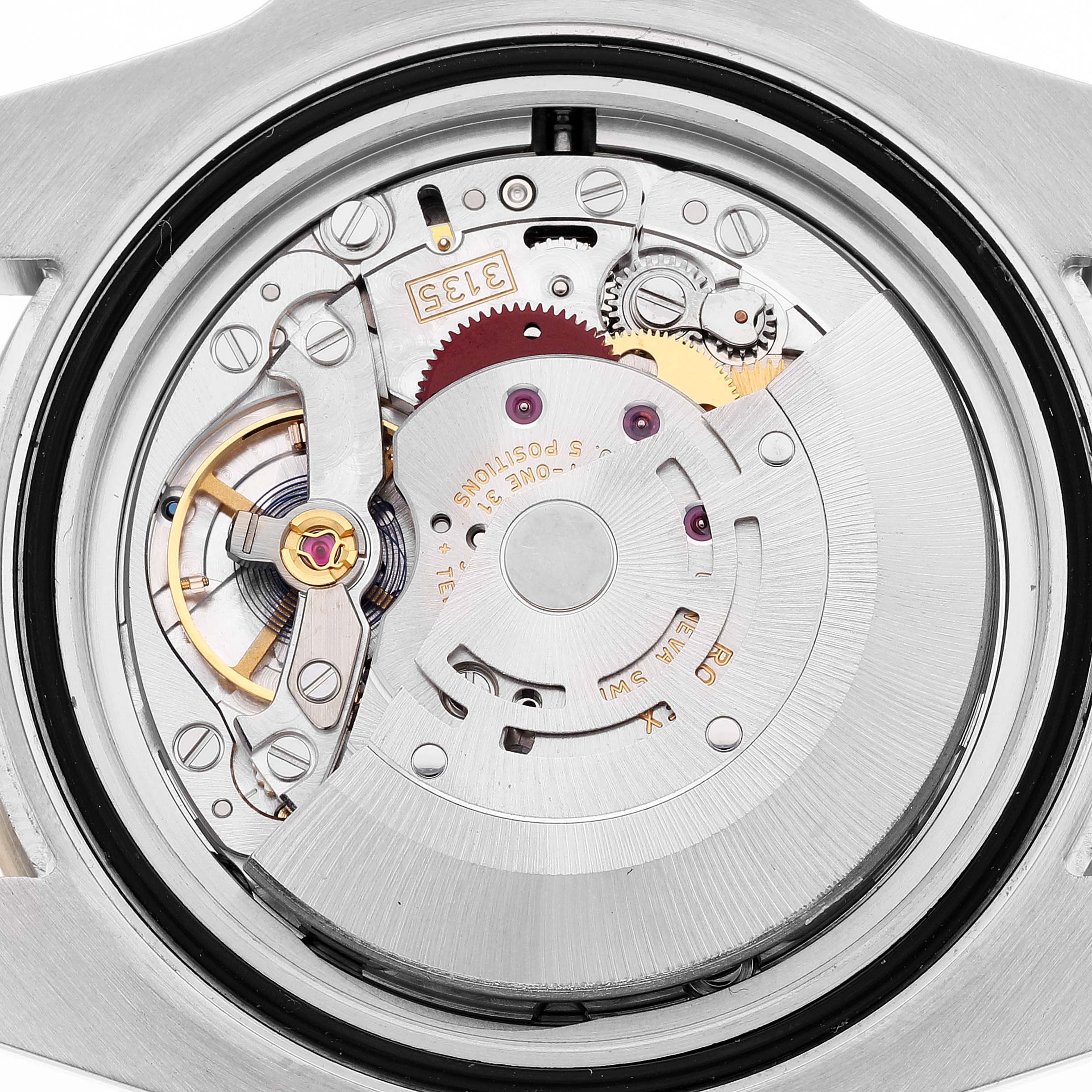 The image shows the internal mechanical movement of a Rolex Submariner 116613 Men's Steel and Gold (two tone) Blue Dial 116613 Men's Steel and Gold (two tone) Blue Dial watch from a top-down view.