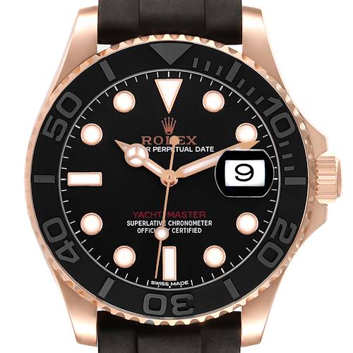The Rolex Yacht-Master 116655 Men's Rose Gold Black Dial watch is shown from the front, highlighting the dial, bezel, crown, and part of the strap.