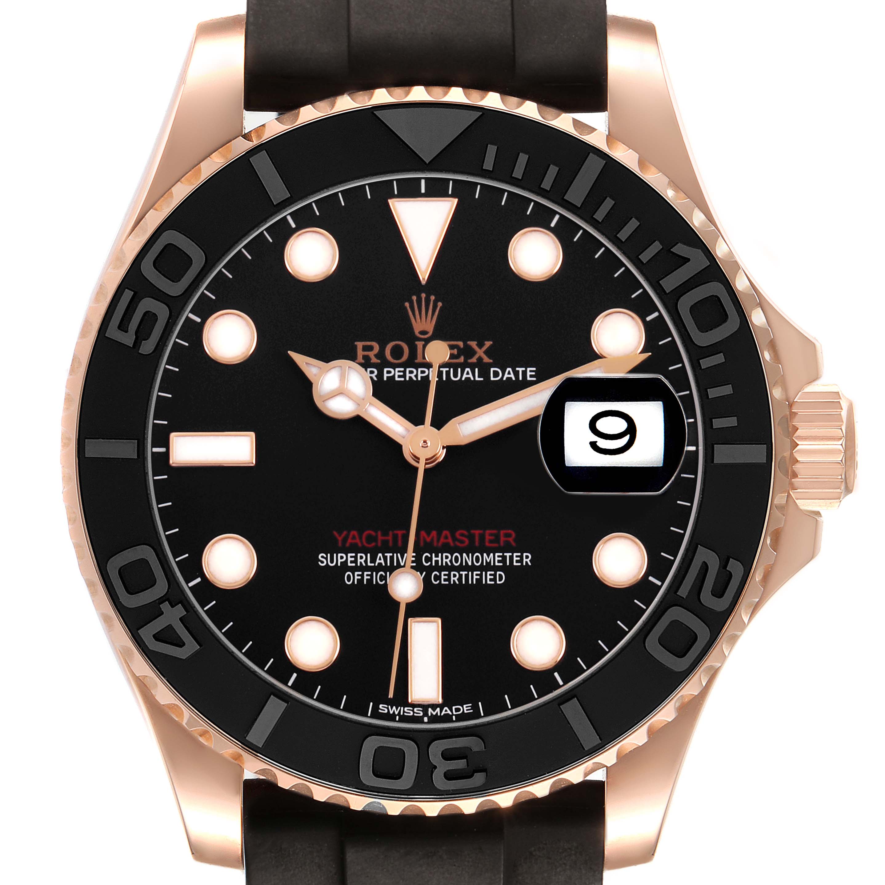 The Rolex Yacht-Master 116655 Men's Rose Gold Black Dial watch is shown from the front, highlighting its black dial, rose gold case, and date window at 3 o'clock.