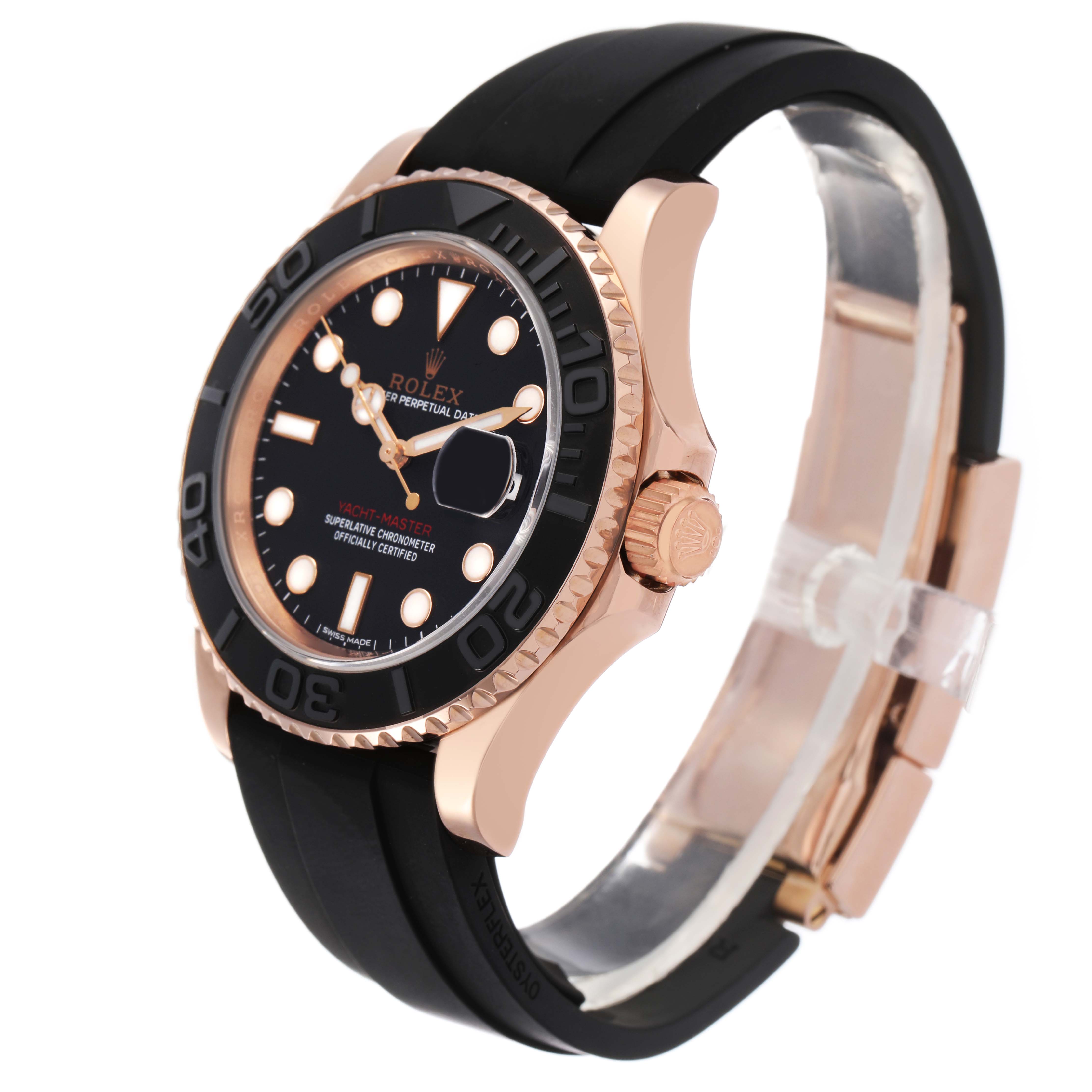 The Rolex Yacht-Master 116655 Men's Rose Gold Black Dial watch is shown at an angle highlighting the side, crown, and face with its black and gold elements.