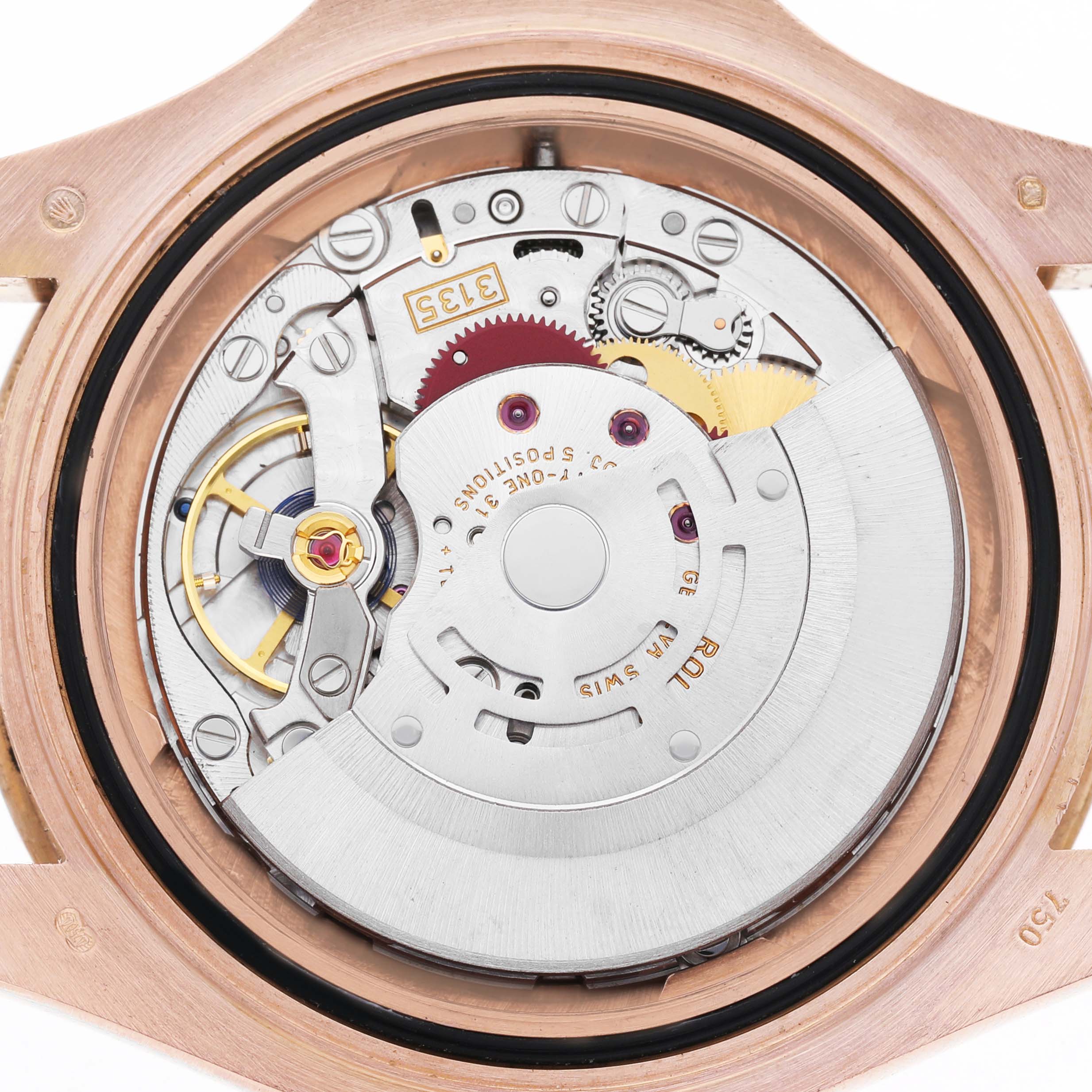 The image shows the internal movement of a Rolex Yacht-Master 116655 Men's Rose Gold Black Dial watch from a top-down angle.