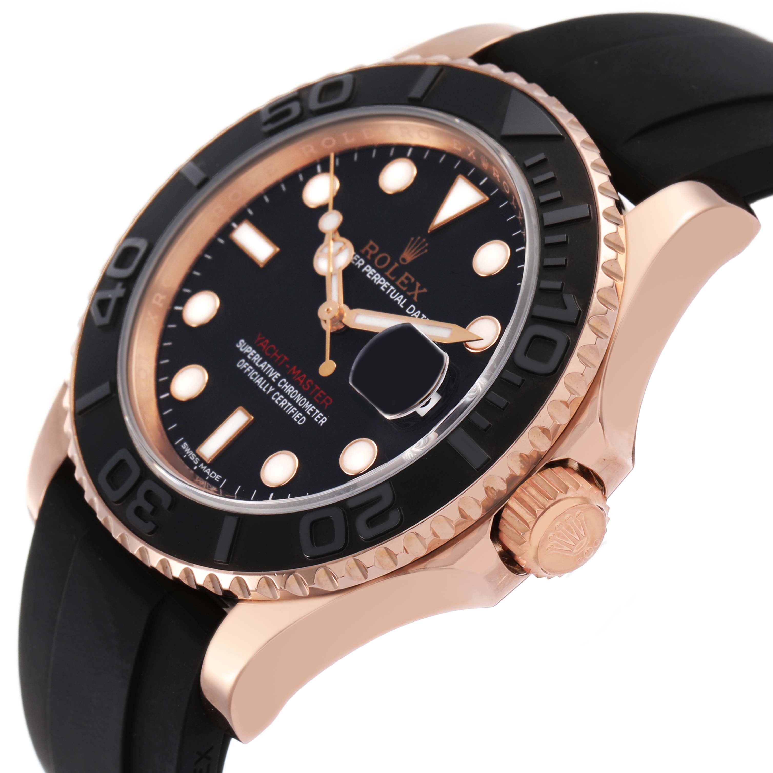 The Rolex Yacht-Master 116655 Men's Rose Gold Black Dial watch is shown at a slight angle, highlighting the bezel, crown, dial, and rubber strap.