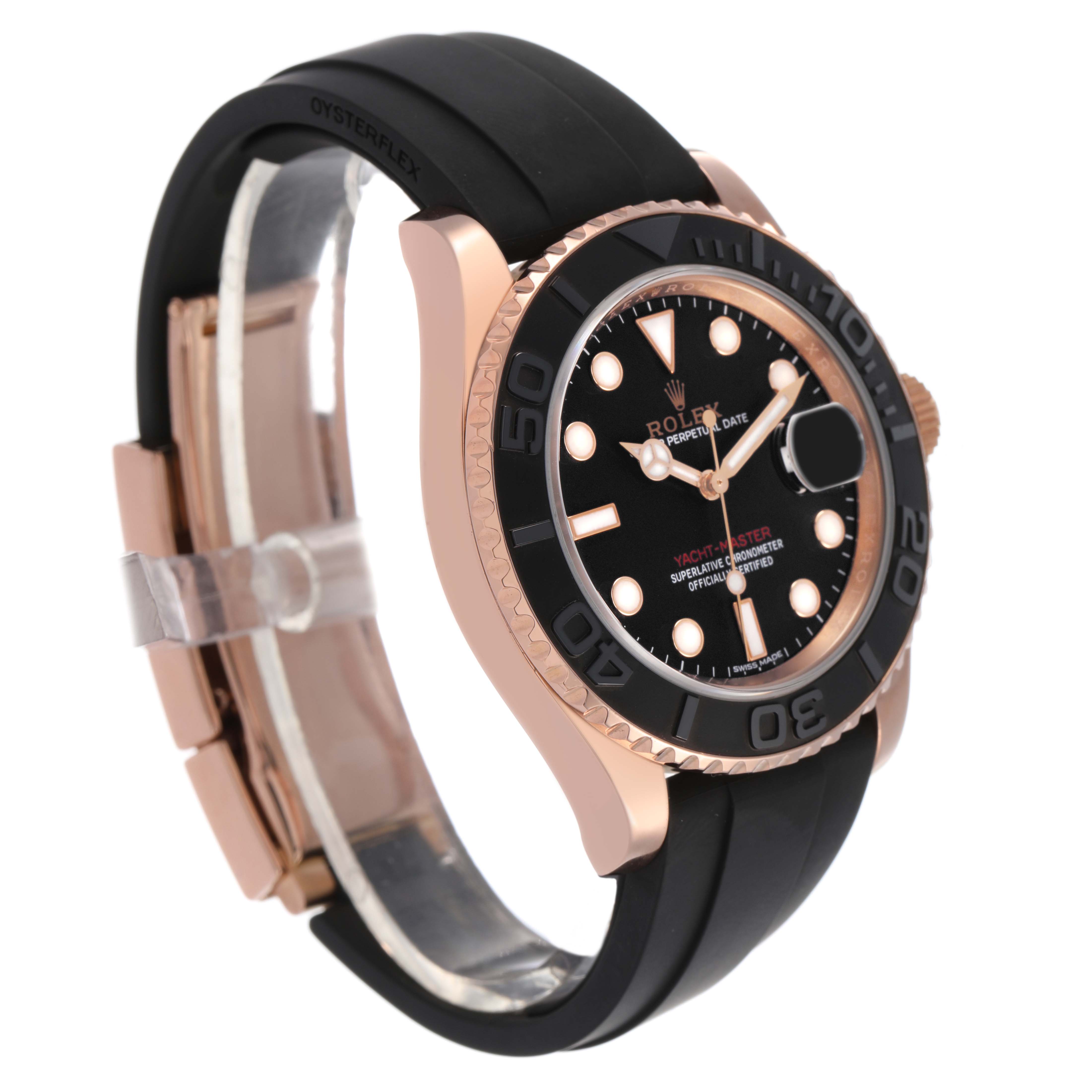 The Rolex Yacht-Master 116655 Men's Rose Gold Black Dial watch is shown at a three-quarter angle, highlighting the bezel, dial, and strap.