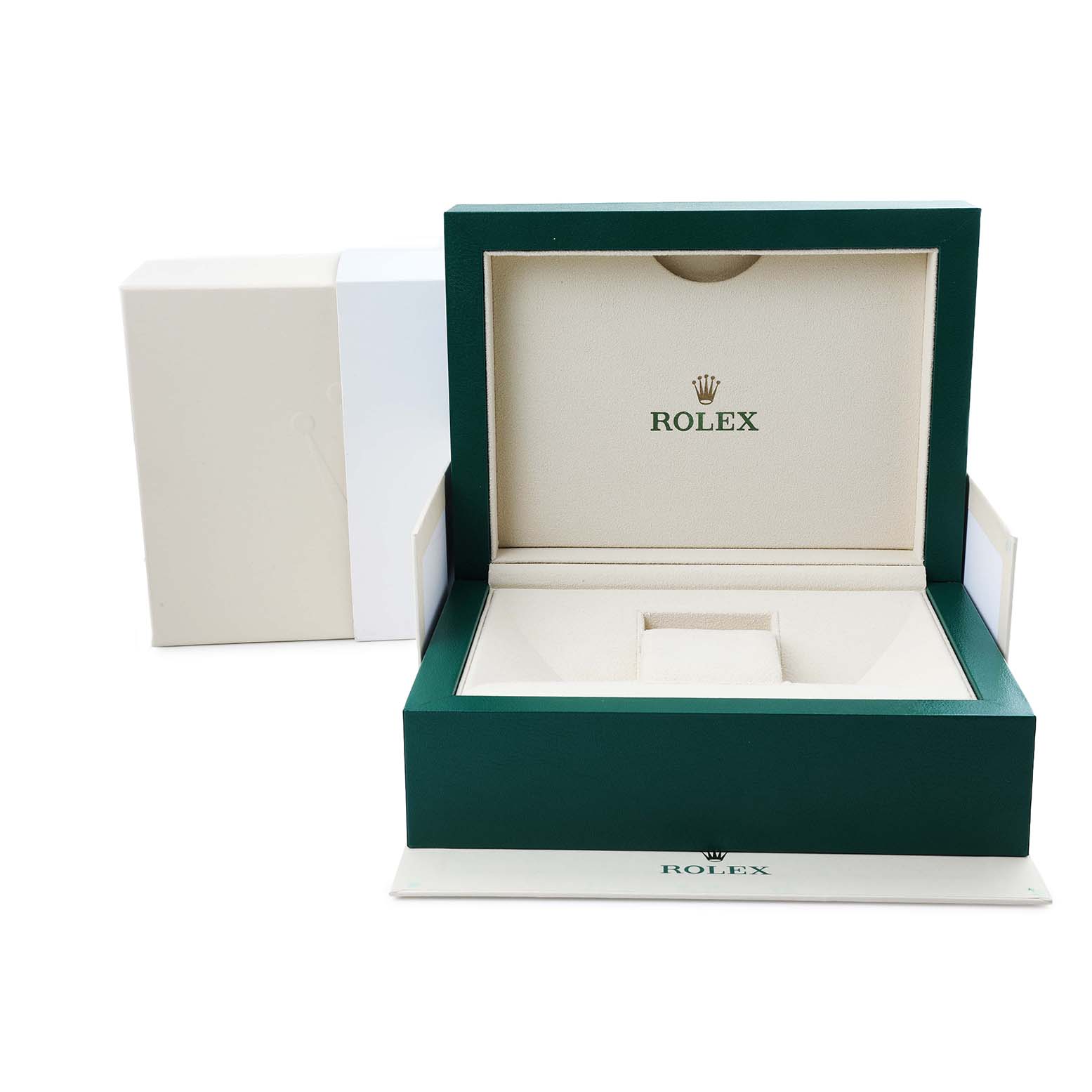 The image shows a Rolex Yacht-Master 116655 Men's Rose Gold Black Dial watch box open from a frontal angle, highlighting its interior.