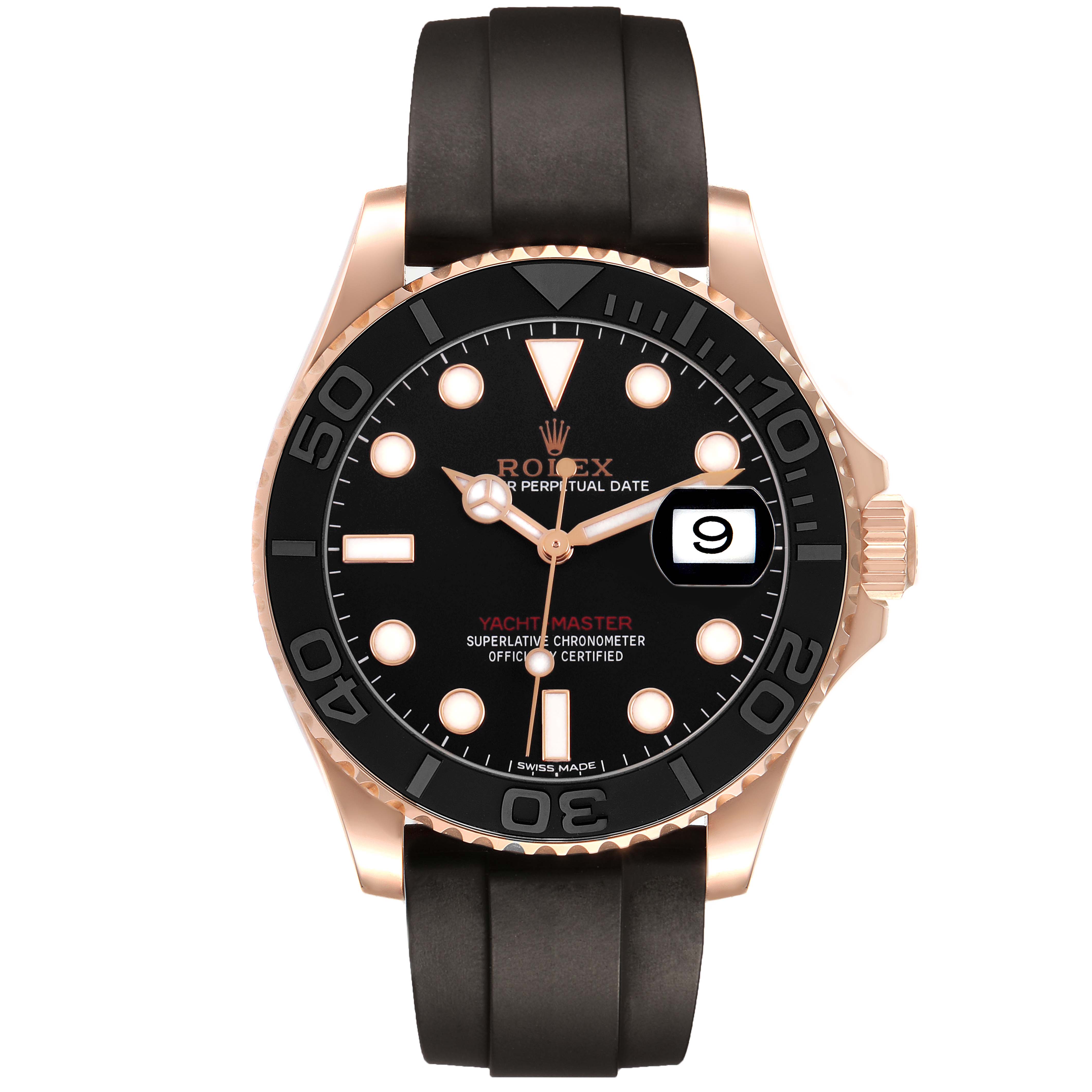 The Rolex Yacht-Master 116655 Men's Rose Gold Black Dial watch is shown from the front, highlighting its dial, bezel, and rubber strap.