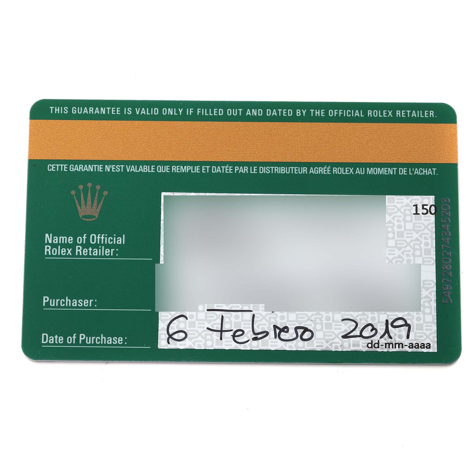 An official Rolex guarantee card for the Yacht-Master model, displaying purchase details.