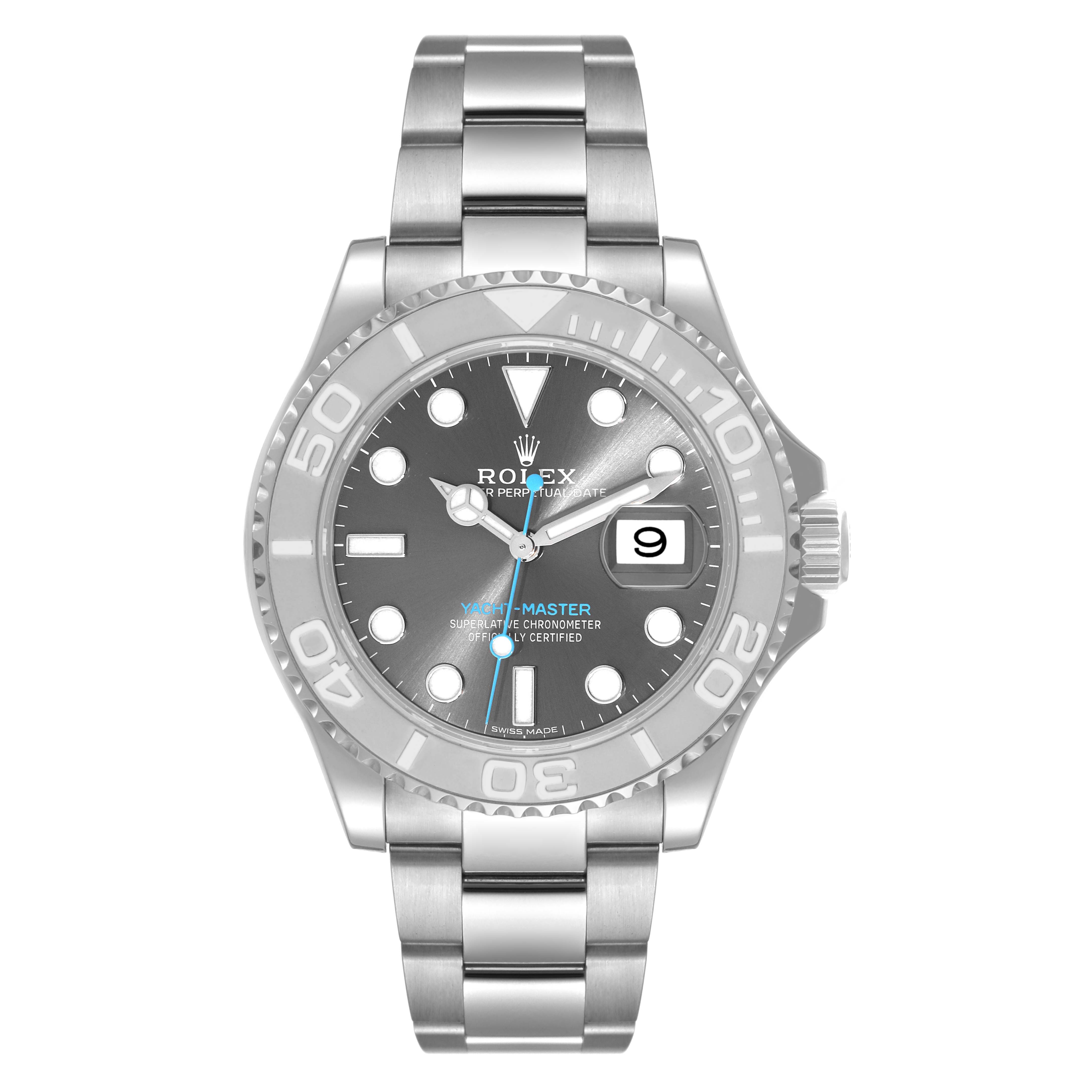 The image shows a front view of the Rolex Yacht-Master 116622 Men's Stainless Steel Grey Dial 116622 Men's Stainless Steel Grey Dial watch, displaying its dial, bezel, hands, date, and bracelet.
