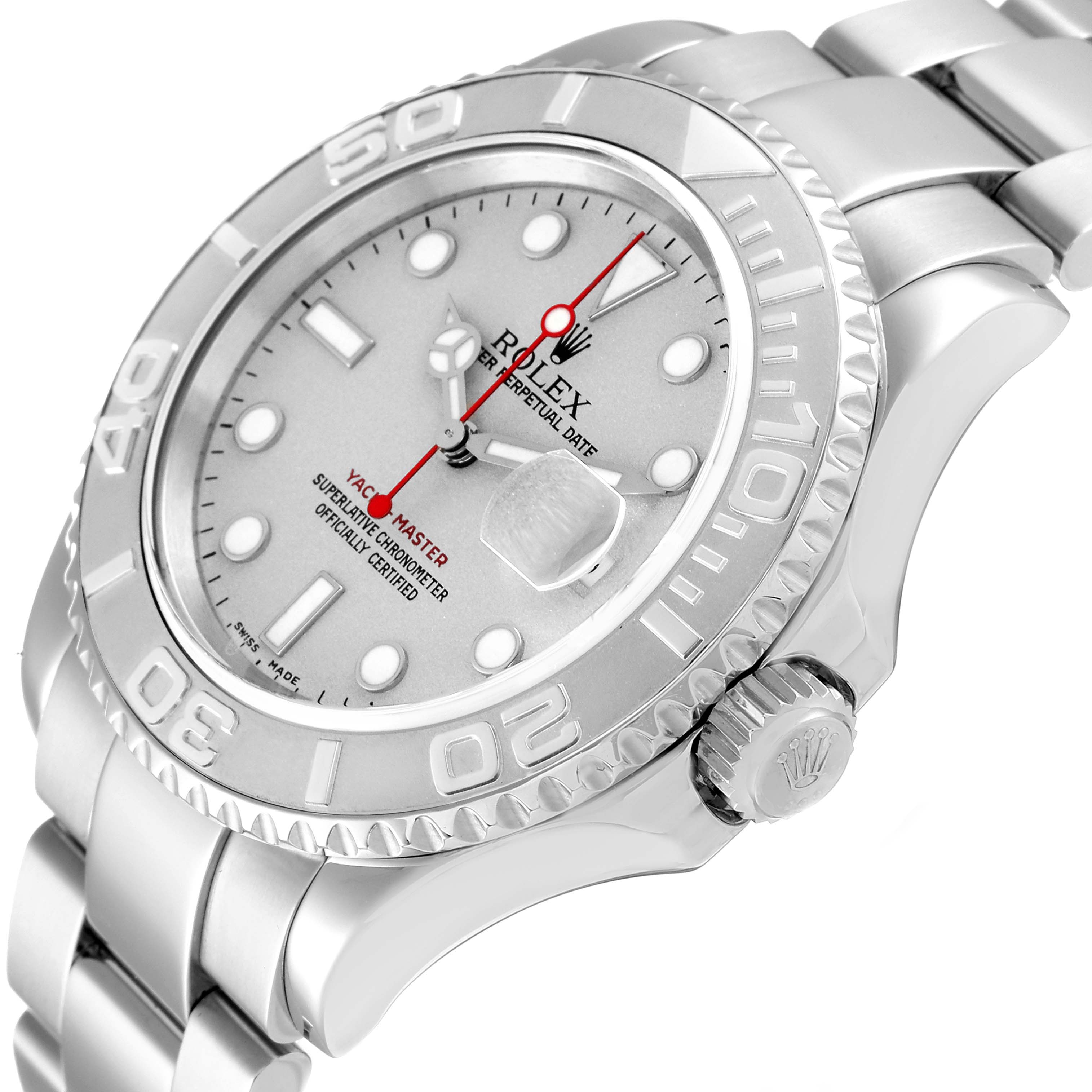 This image shows a Yacht-Master Rolex watch at an angled view, highlighting the bezel, dial, hands, and crown.