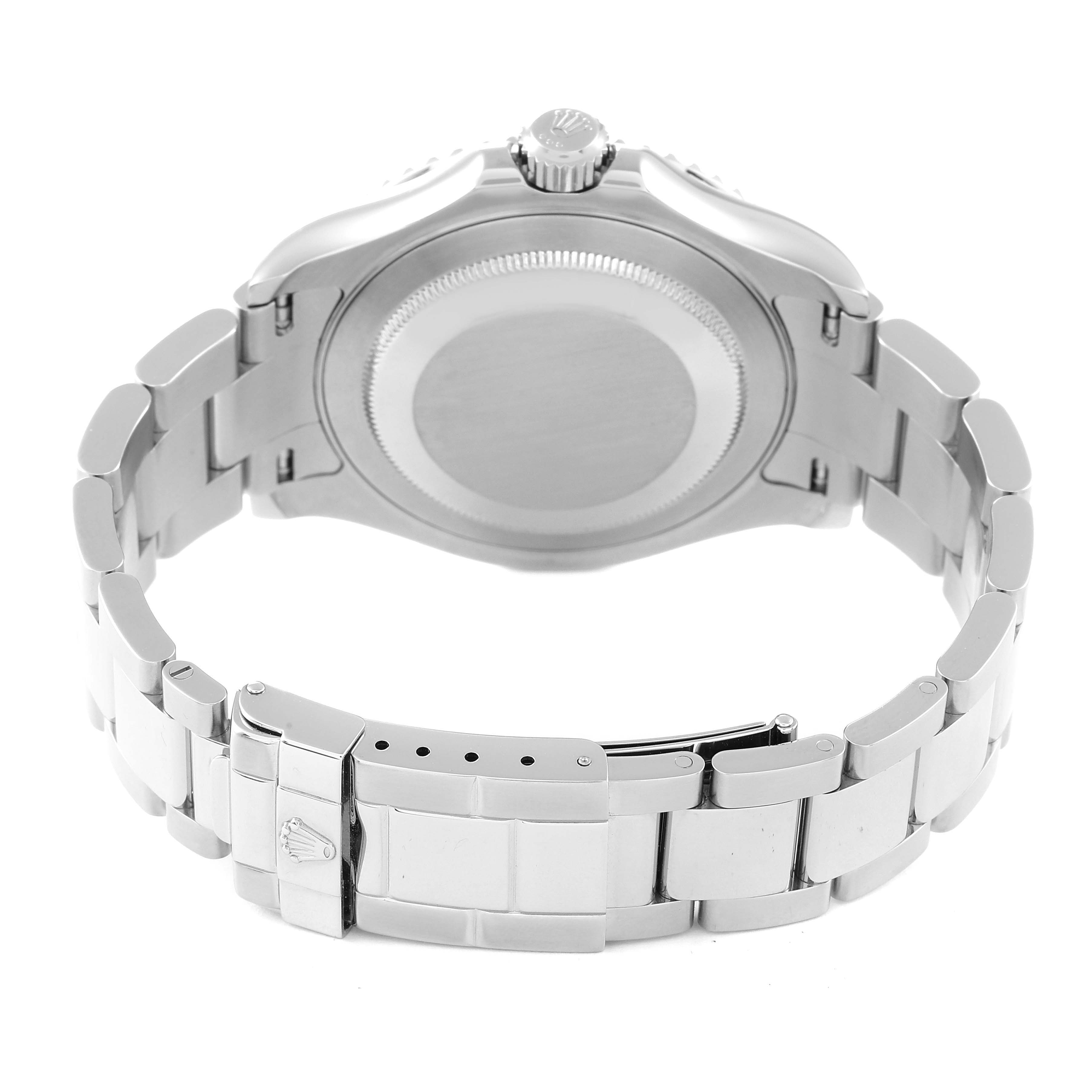 The image shows the back view of the Rolex Yacht-Master 16622 Men's Stainless Steel Silver Dial 16622 Men's Stainless Steel Silver Dial watch, highlighting its clasp and caseback.