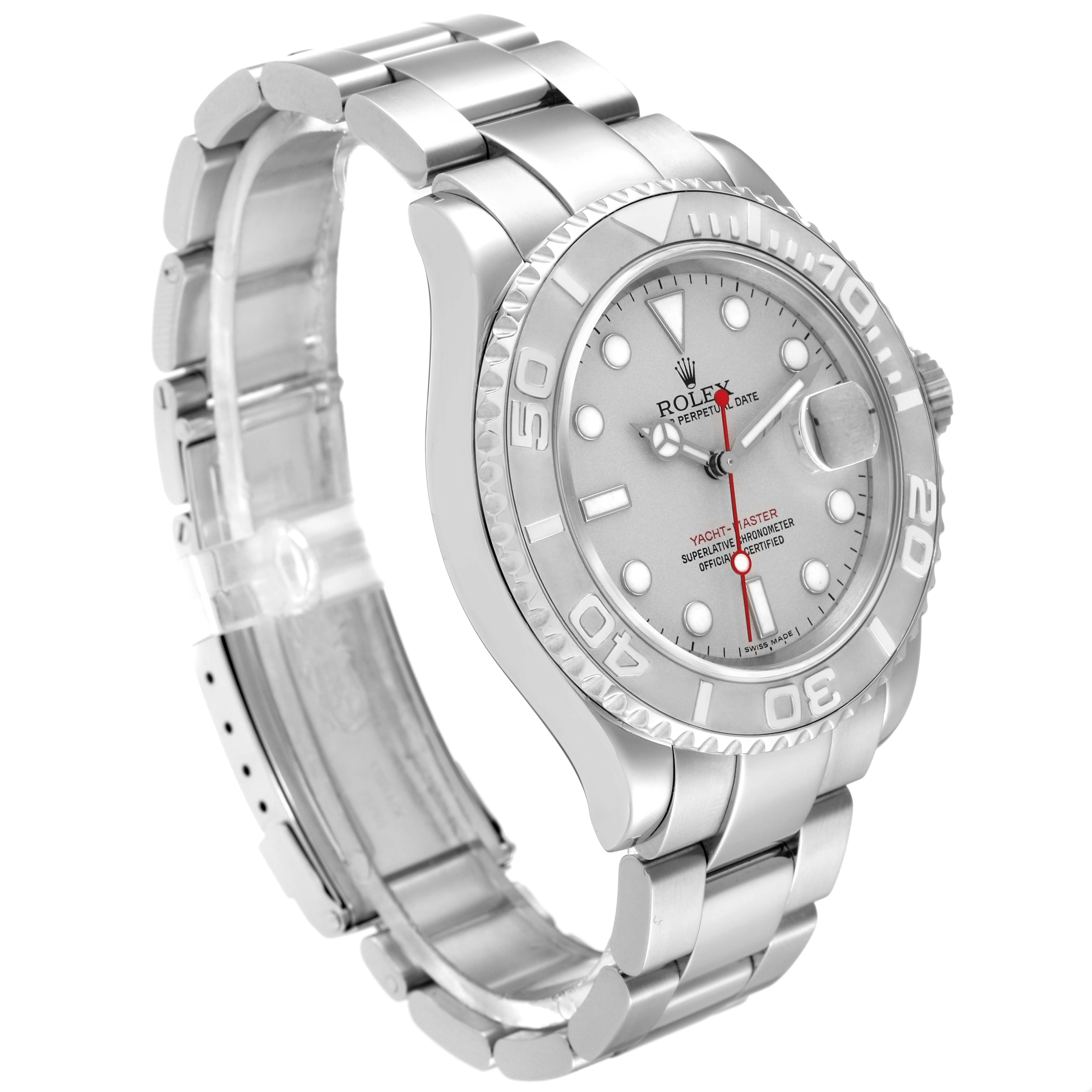 The Rolex Yacht-Master 16622 Men's Stainless Steel Silver Dial 16622 Men's Stainless Steel Silver Dial watch is shown at an angled side view, displaying the face, bezel, crown, and part of the bracelet.