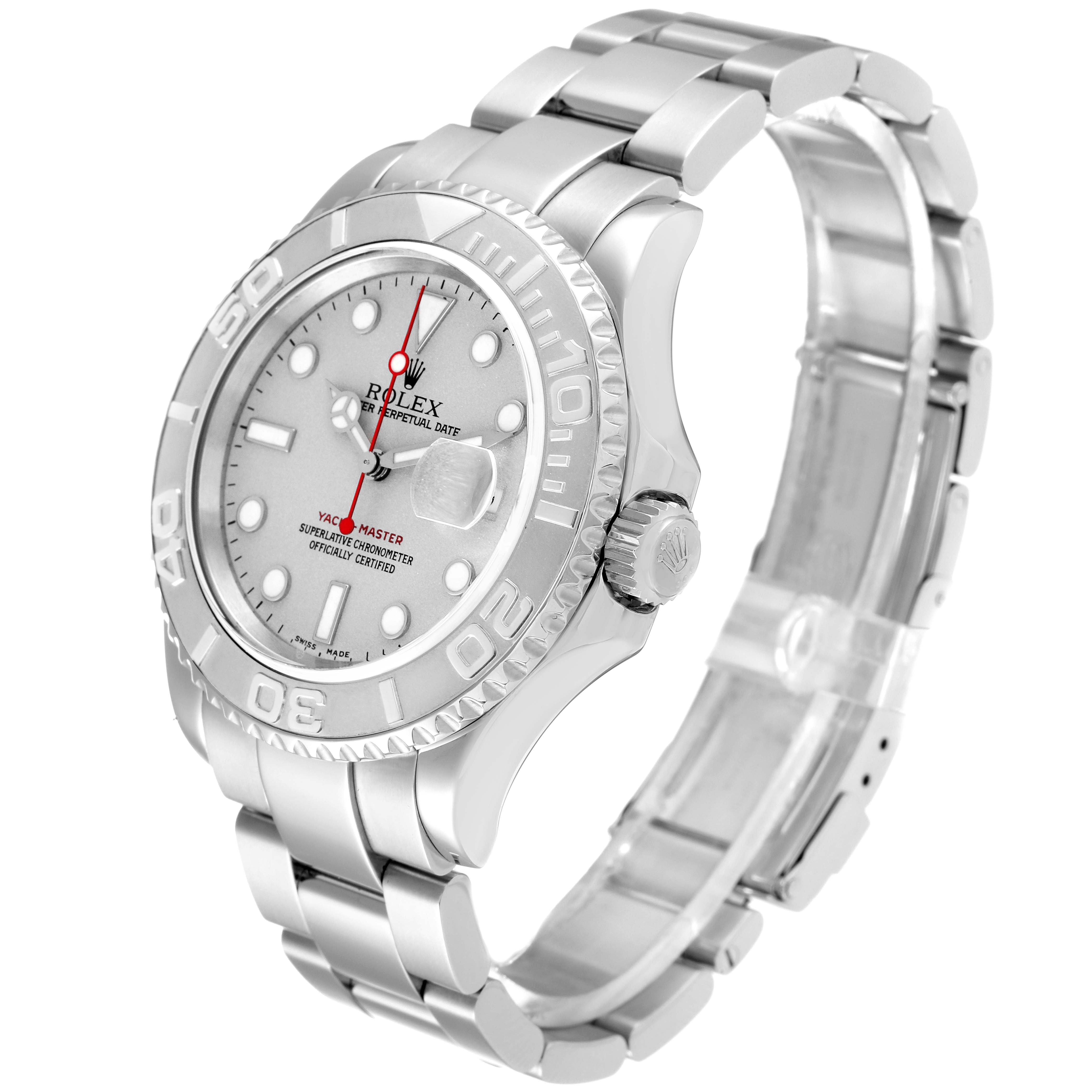 This Rolex Yacht-Master 16622 Men's Stainless Steel Silver Dial 16622 Men's Stainless Steel Silver Dial watch is shown from an angled side view, displaying its silver dial, bezel, and bracelet.
