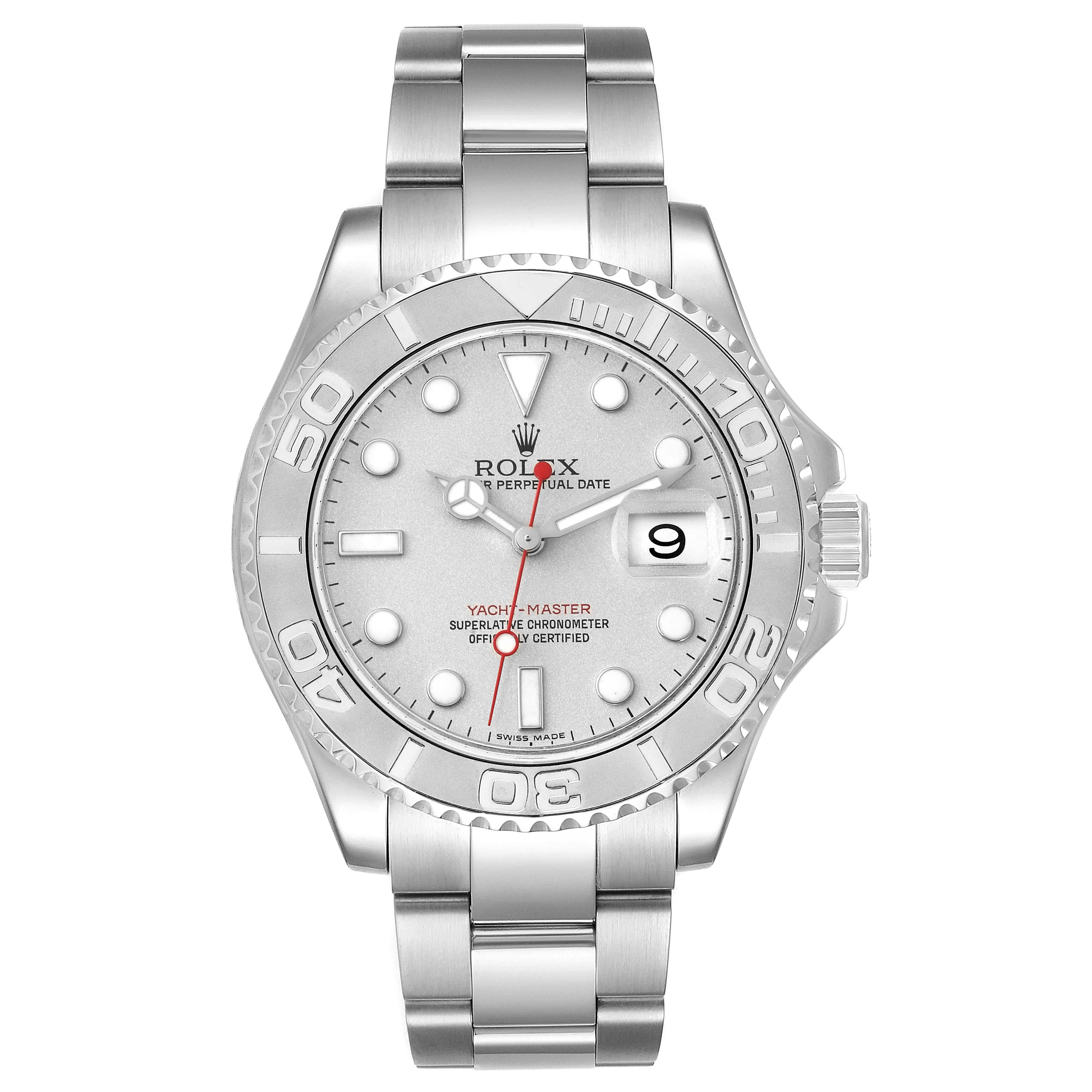 The image shows a front view of the Rolex Yacht-Master 16622 Men's Stainless Steel Silver Dial 16622 Men's Stainless Steel Silver Dial watch, displaying the dial, bezel, and bracelet in full detail.