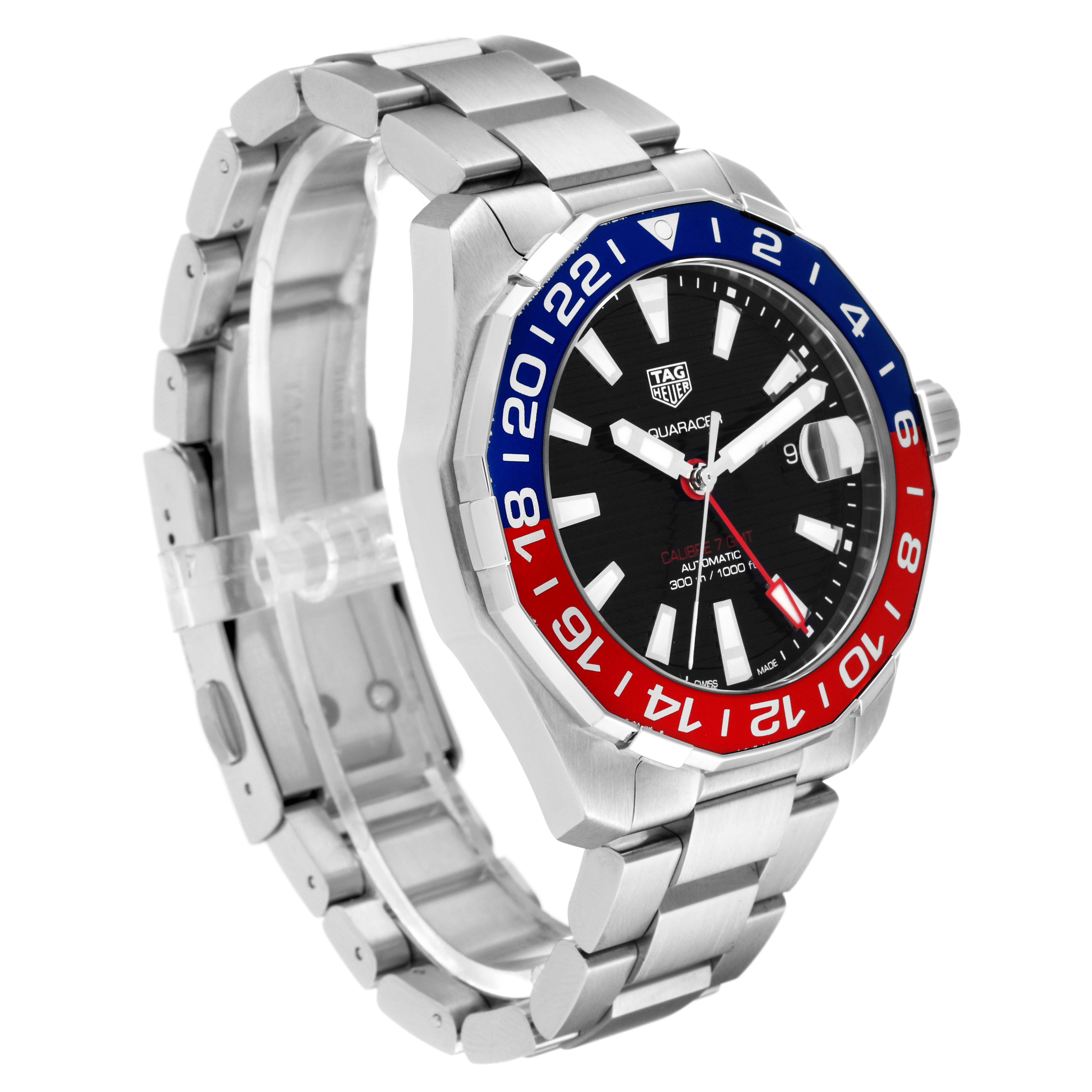 The image shows a Tag Heuer Aquaracer WAY201F Men's Stainless Steel Black Dial WAY201F Men's Stainless Steel Black Dial watch at a 3/4 angle, highlighting its bezel, dial, and metal bracelet.