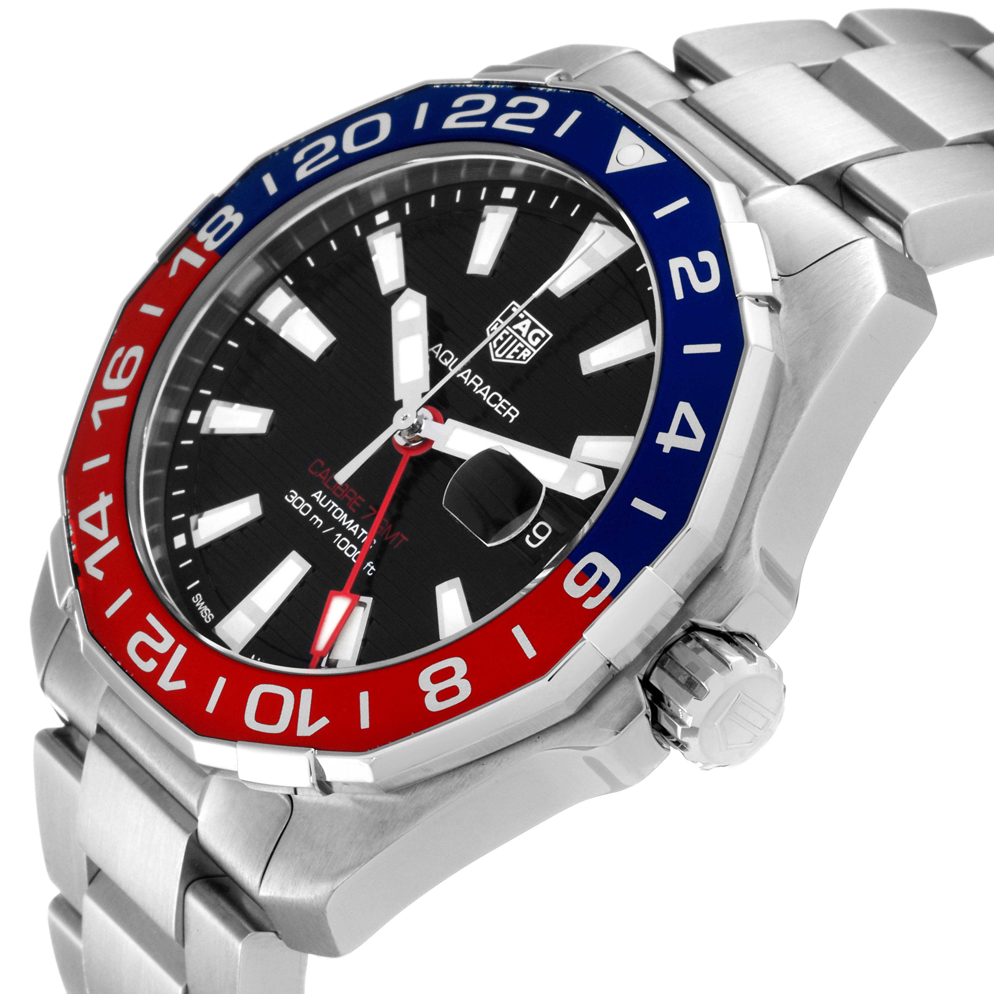 The image shows a Tag Heuer Aquaracer WAY201F Men's Stainless Steel Black Dial WAY201F Men's Stainless Steel Black Dial watch angled to display its face, bezel, crown, and metal bracelet.