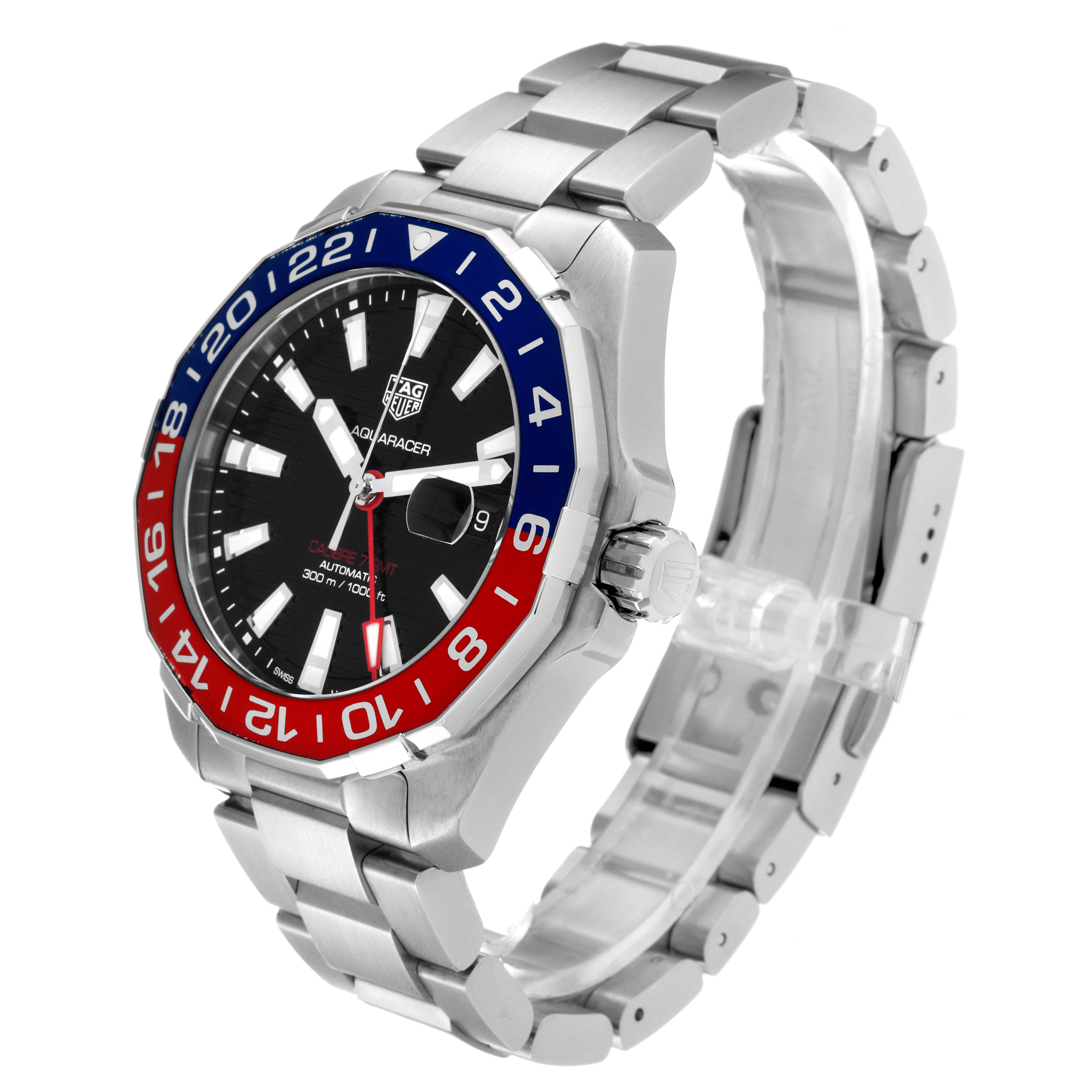 This is a side-angle view of a Tag Heuer Aquaracer WAY201F Men's Stainless Steel Black Dial WAY201F Men's Stainless Steel Black Dial watch featuring its bezel, dial, crown, and bracelet.