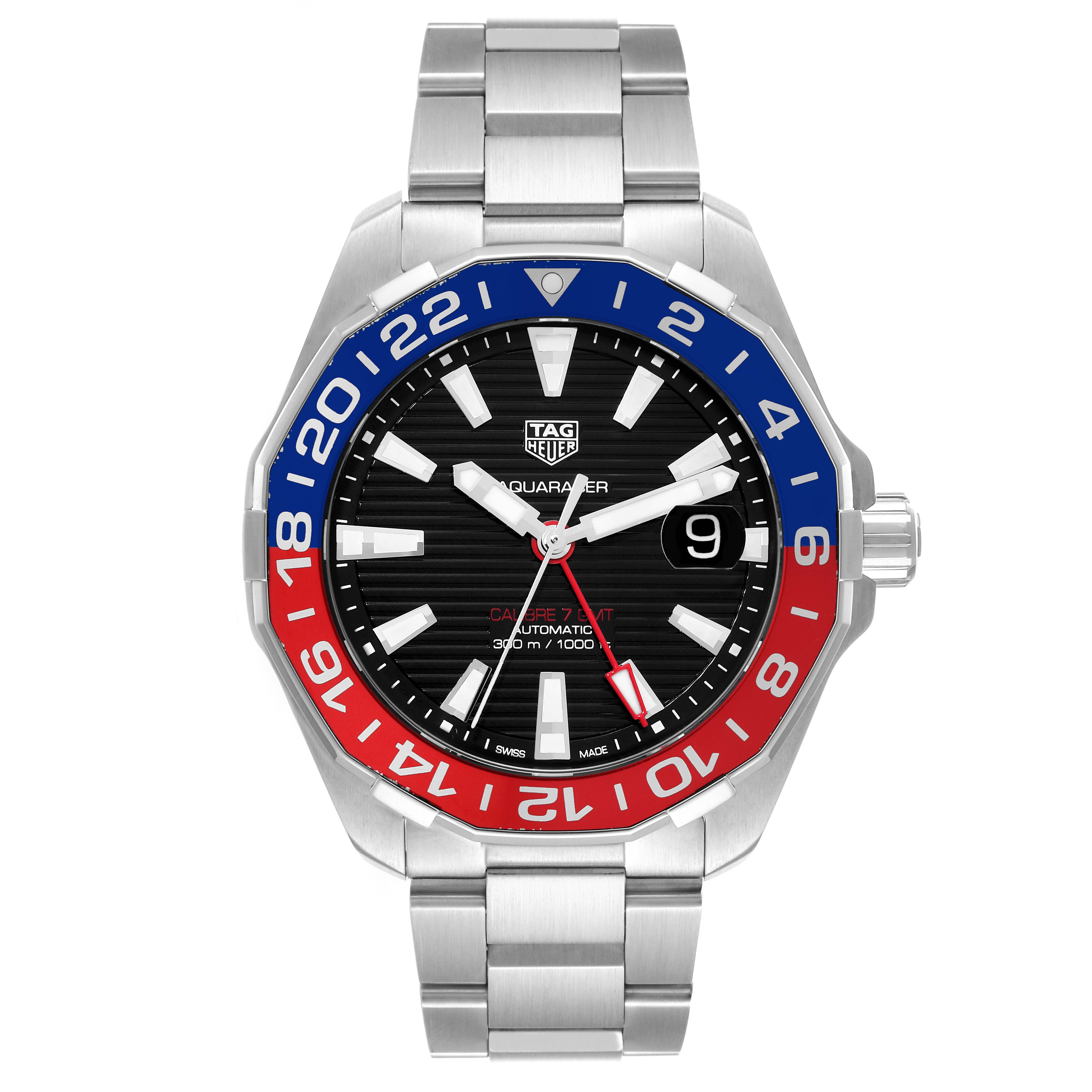 The image shows a front view of a Tag Heuer Aquaracer WAY201F Men's Stainless Steel Black Dial WAY201F Men's Stainless Steel Black Dial watch, displaying the dial, bezel, and metal bracelet.
