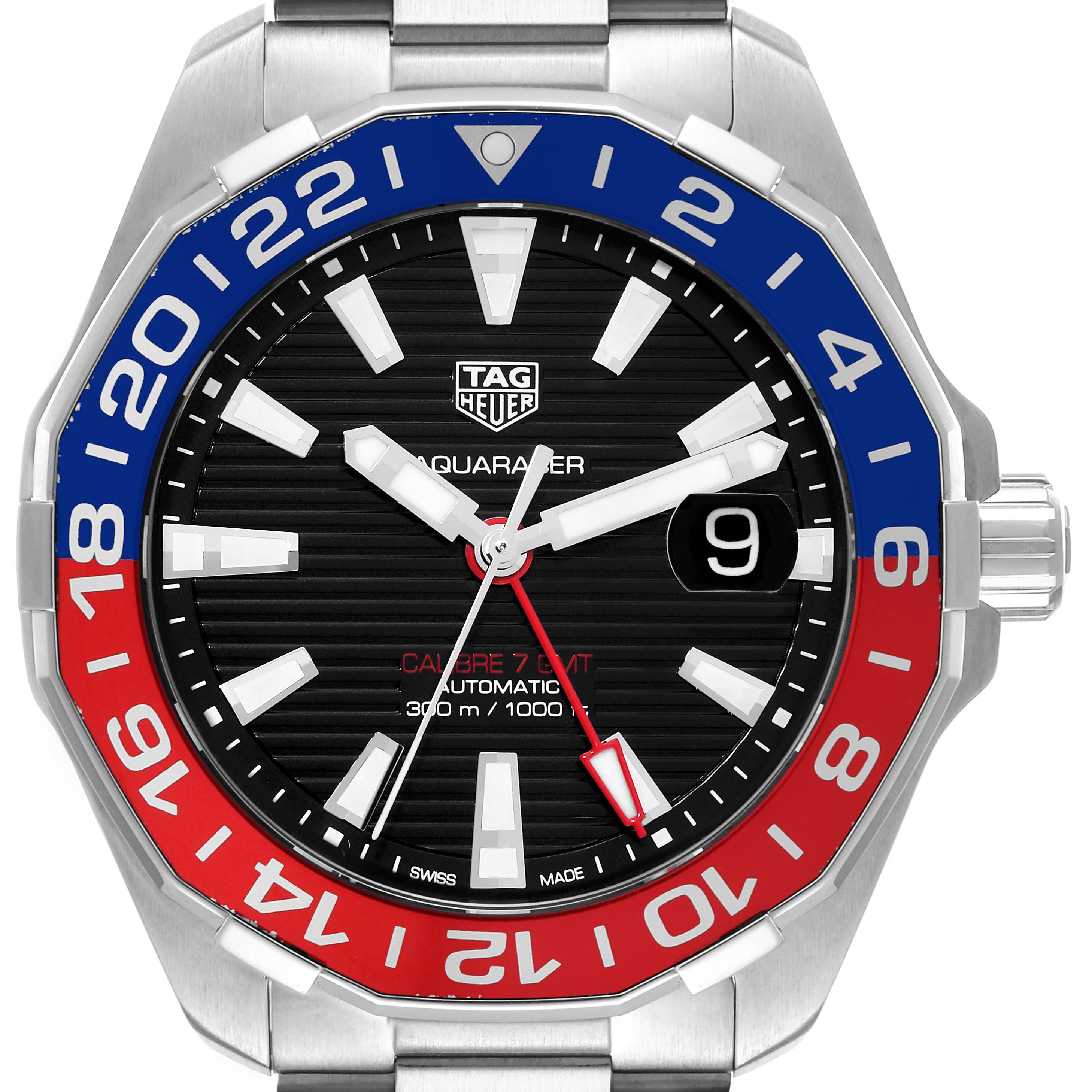 The image shows a front view of the Tag Heuer Aquaracer WAY201F Men's Stainless Steel Black Dial WAY201F Men's Stainless Steel Black Dial watch, highlighting the bezel, dial, and date window.