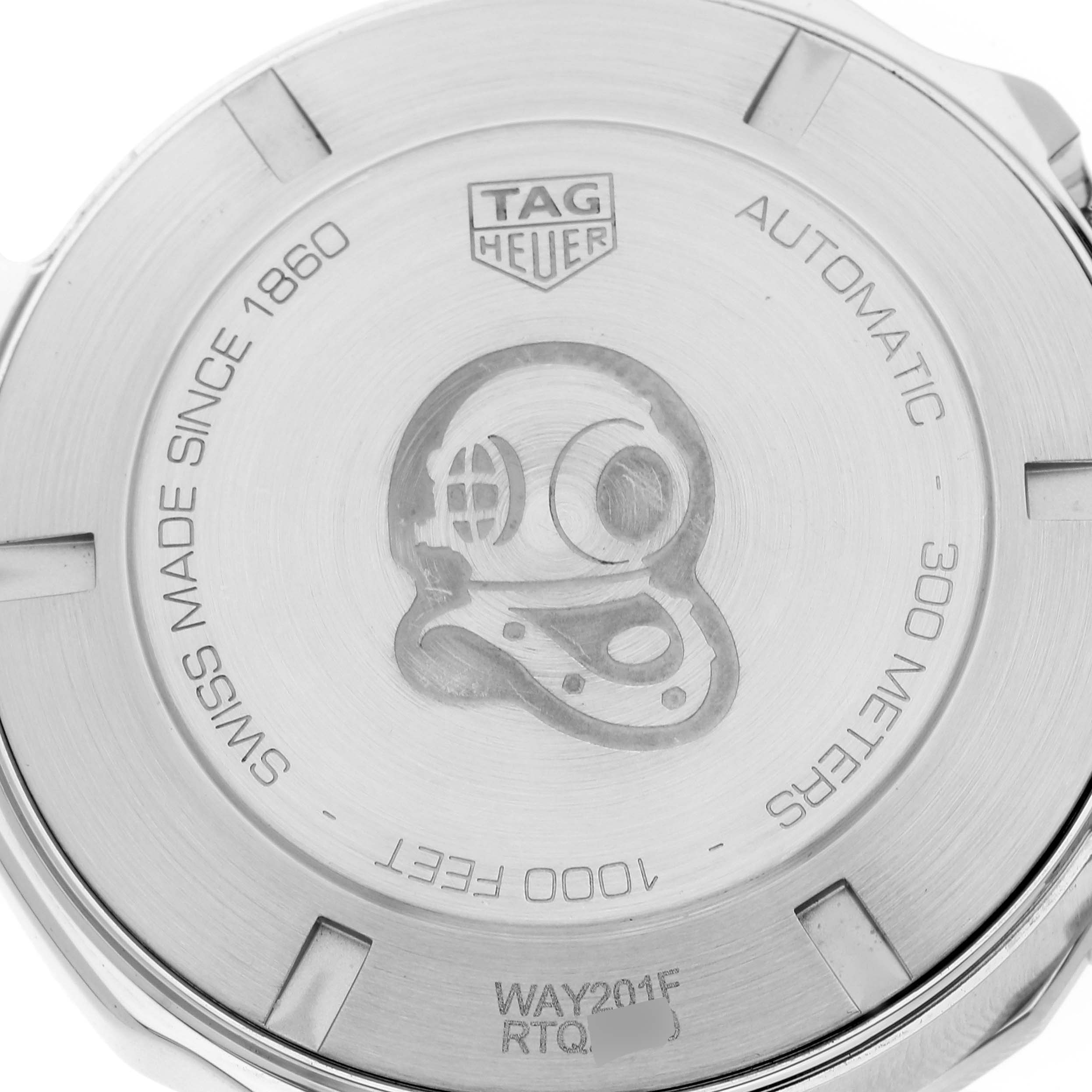 The image shows the stainless steel back of the Tag Heuer Aquaracer WAY201F Men's Stainless Steel Black Dial WAY201F Men's Stainless Steel Black Dial watch, displaying the brand logo and water resistance depth.