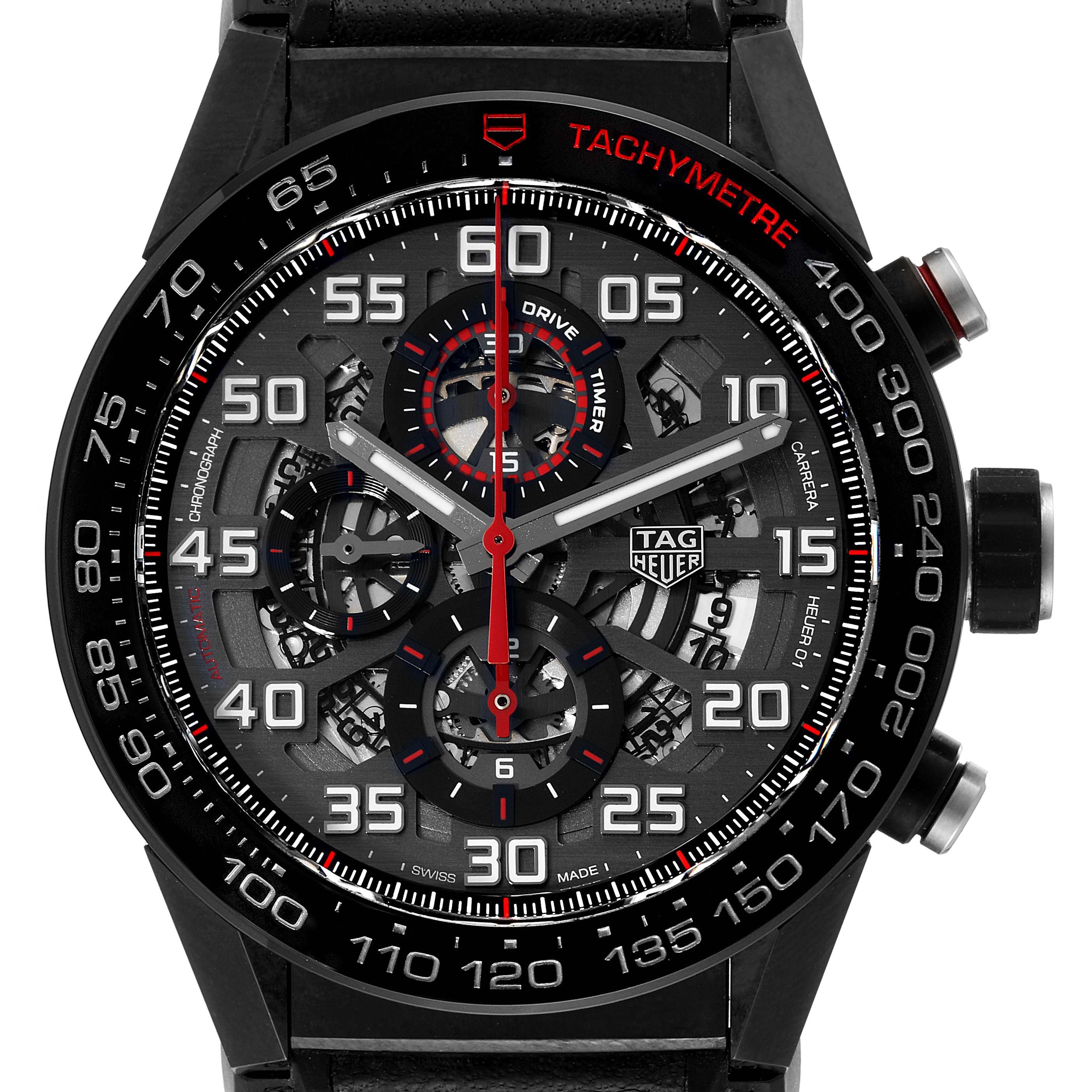 The image shows a frontal view of a Tag Heuer Carrera CAR2A1H.FT6101 Men's Stainless Steel Black Dial CAR2A1H.FT6101 Men's Stainless Steel Black Dial watch, detailing its dial with chronographs and the tachymetre scale.
