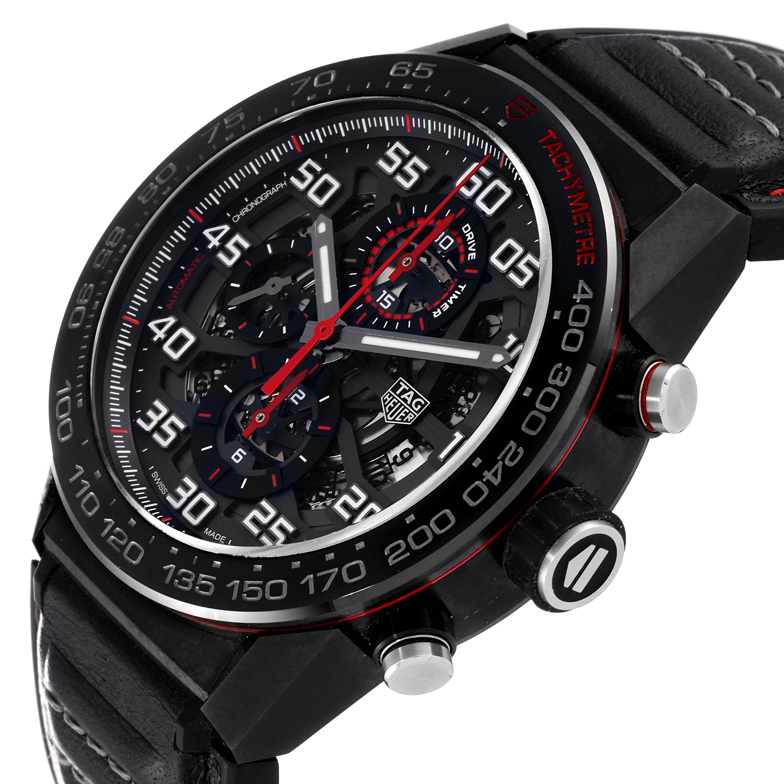 This image shows a close-up angle of the Tag Heuer Carrera CAR2A1H.FT6101 Men's Stainless Steel Black Dial CAR2A1H.FT6101 Men's Stainless Steel Black Dial watch, highlighting the dial, bezel, and pushers.