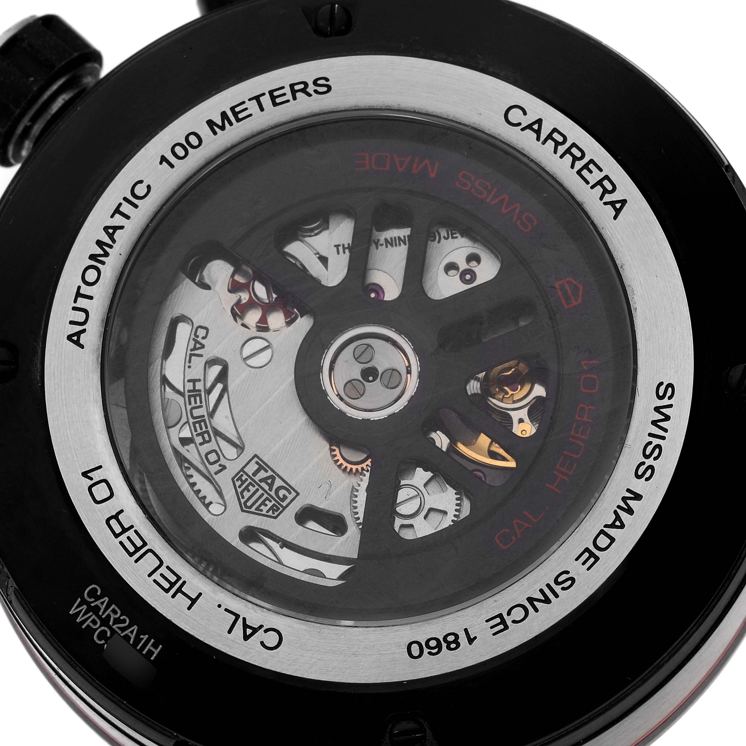 The image shows the back of a Tag Heuer Carrera CAR2A1H.FT6101 Men's Stainless Steel Black Dial CAR2A1H.FT6101 Men's Stainless Steel Black Dial watch, highlighting the automatic movement and internal mechanism.