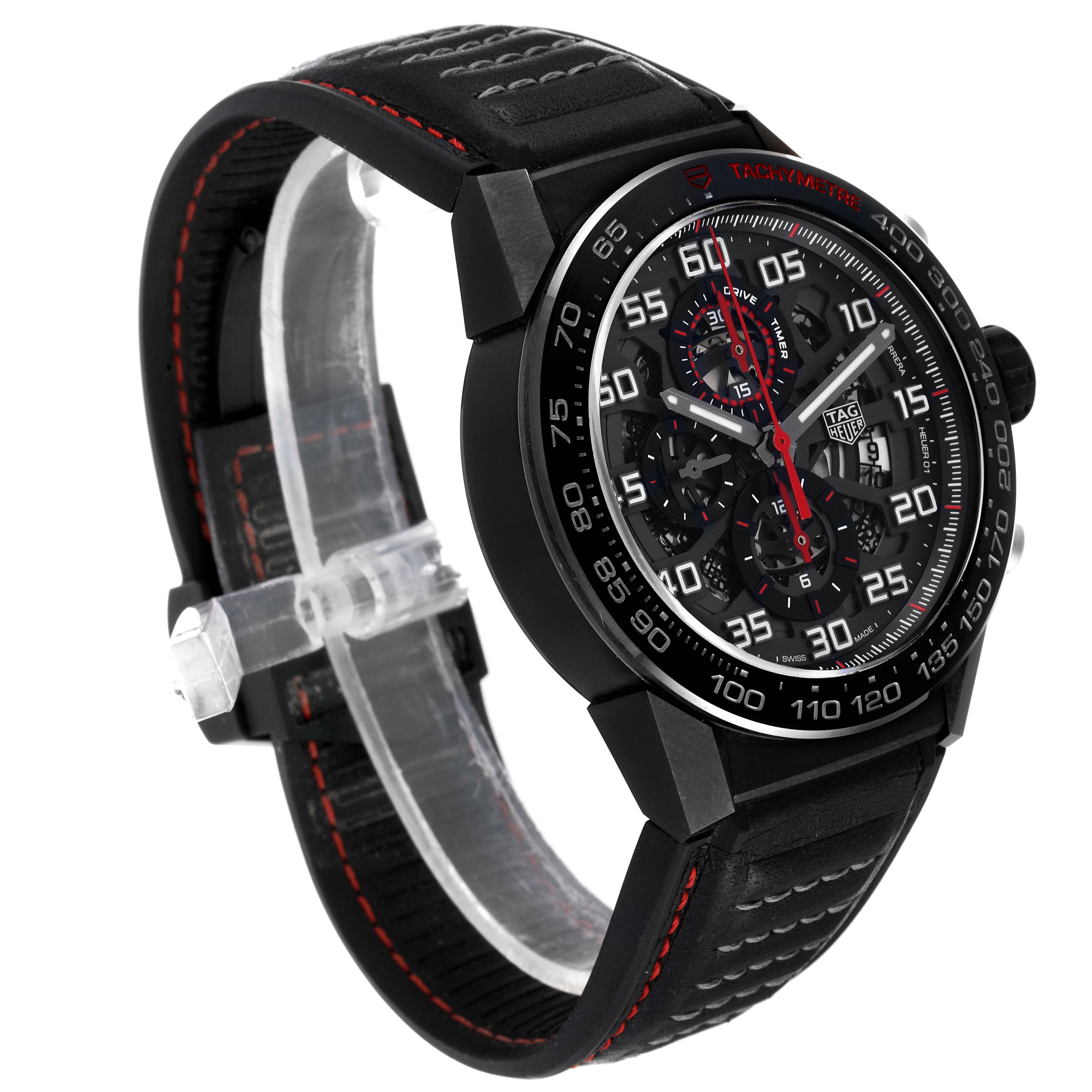 The image shows a side angle of the Tag Heuer Carrera CAR2A1H.FT6101 Men's Stainless Steel Black Dial CAR2A1H.FT6101 Men's Stainless Steel Black Dial watch, highlighting the face, bezel, and strap with red stitching.