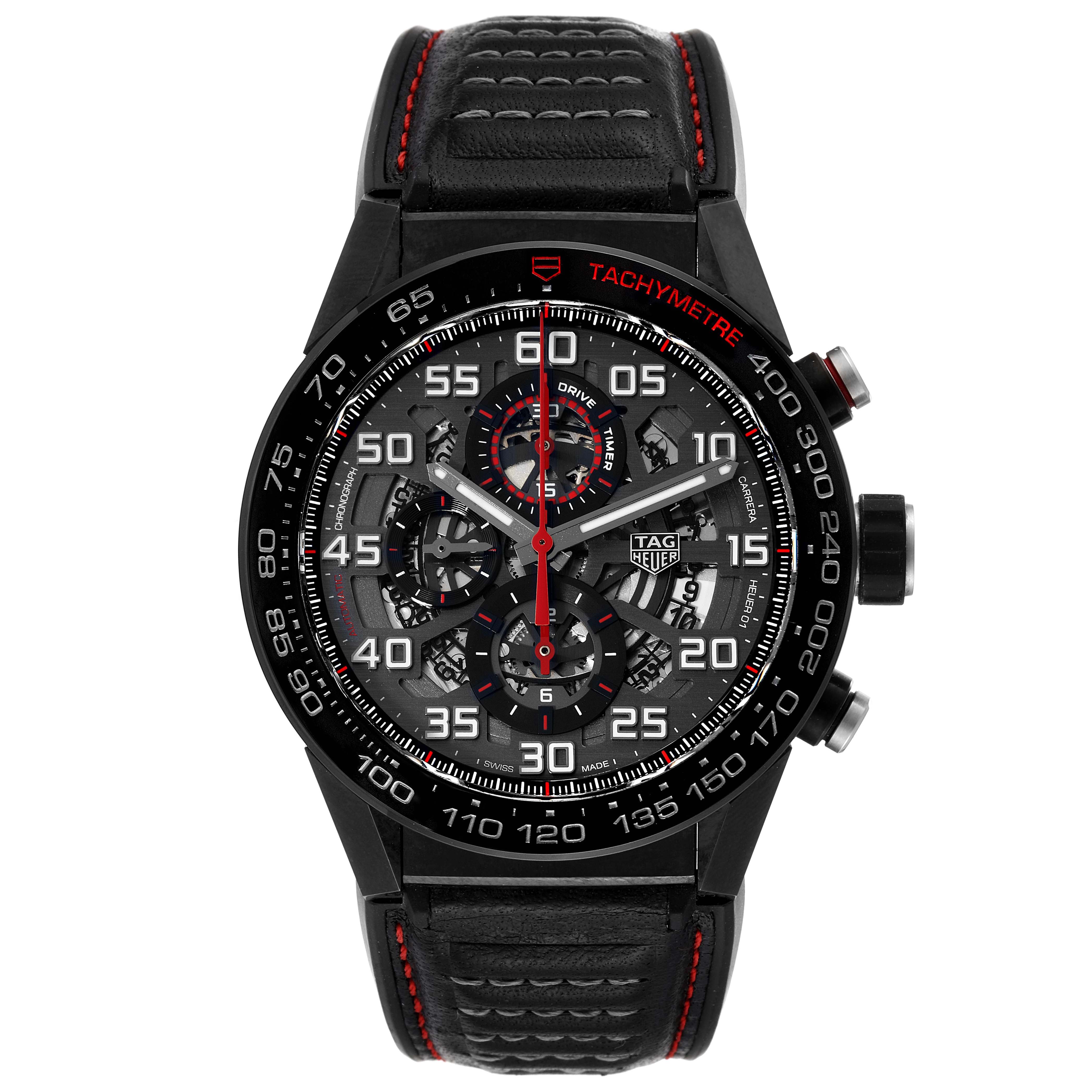 The image shows a front-angle view of a Tag Heuer Carrera CAR2A1H.FT6101 Men's Stainless Steel Black Dial CAR2A1H.FT6101 Men's Stainless Steel Black Dial watch, highlighting its black dial, chronograph features, and leather strap.