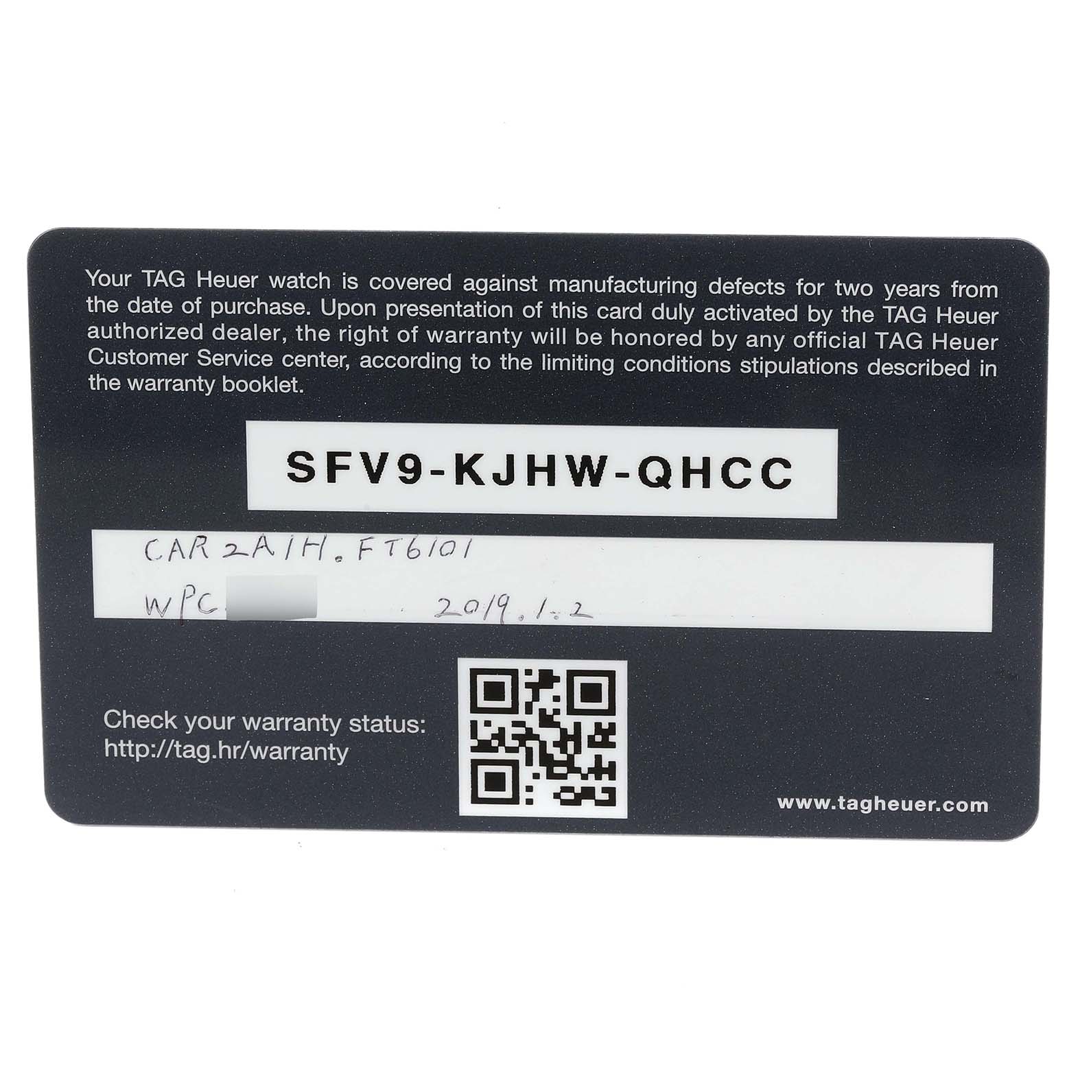 The image shows a warranty card for the Tag Heuer Carrera CAR2A1H.FT6101 Men's Stainless Steel Black Dial CAR2A1H.FT6101 Men's Stainless Steel Black Dial model watch.