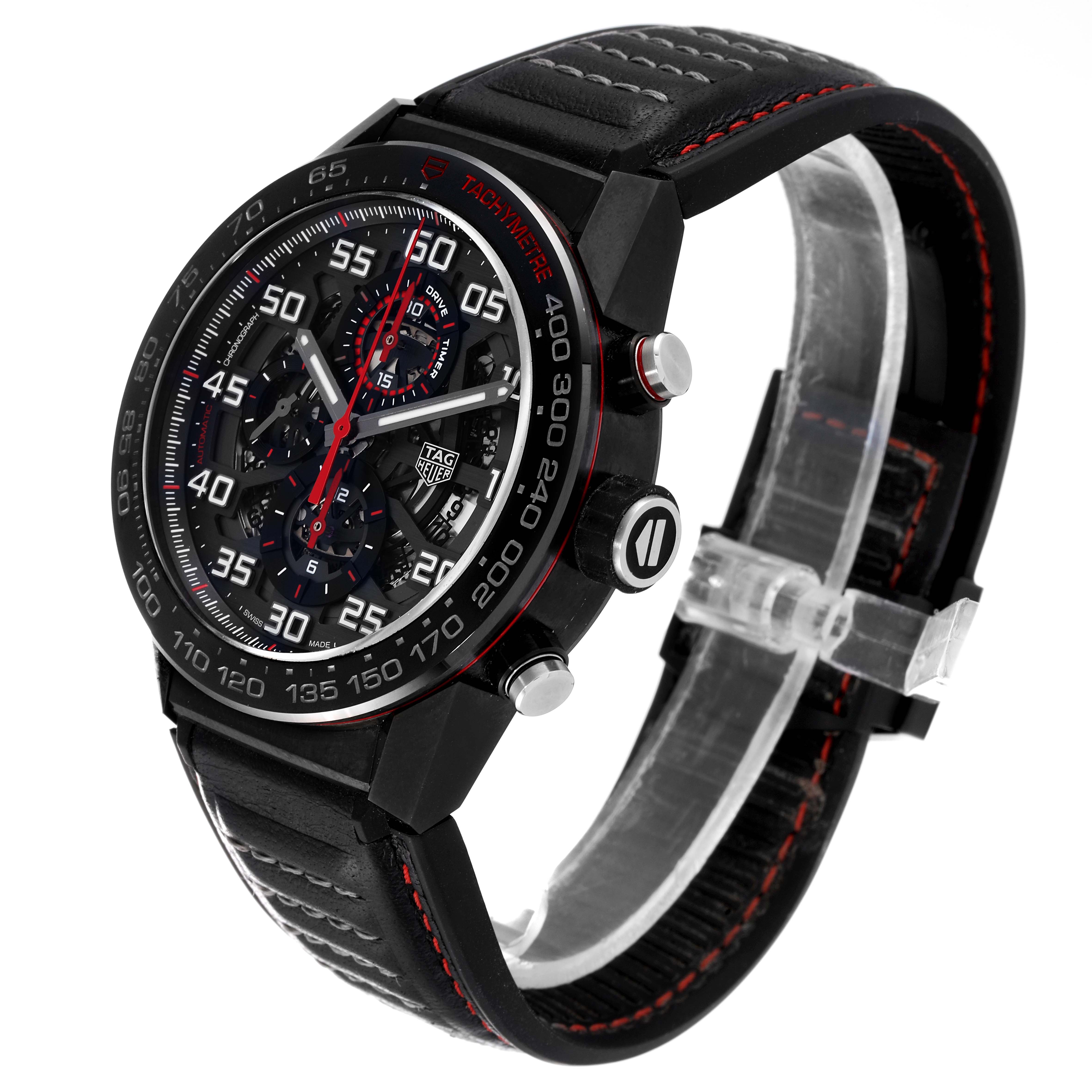 This image shows a Tag Heuer Carrera CAR2A1H.FT6101 Men's Stainless Steel Black Dial CAR2A1H.FT6101 Men's Stainless Steel Black Dial watch from a three-quarter angle, highlighting the face, bezel, and strap.