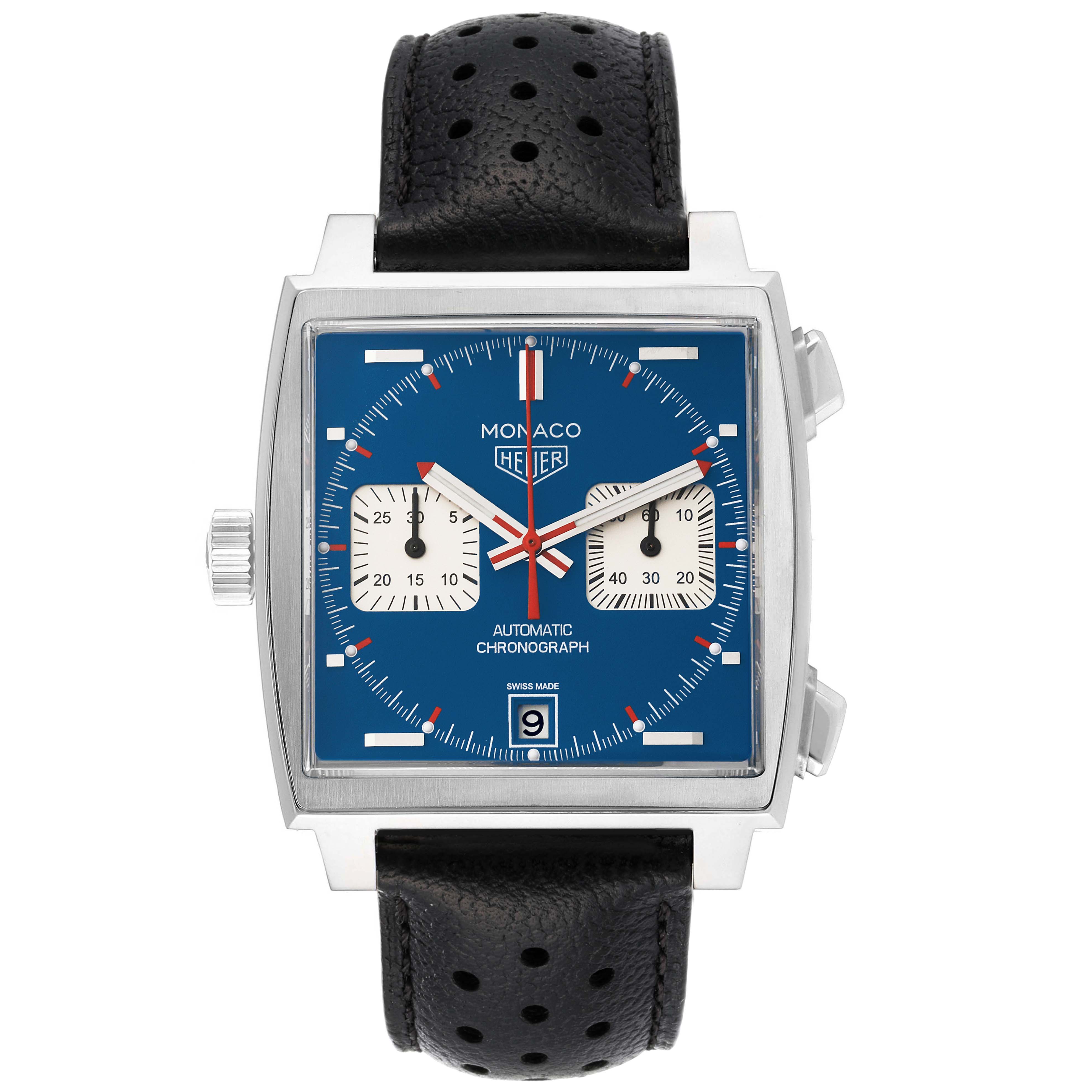 The image shows a front view of the Tag Heuer Monaco CAW211P Men's Stainless Steel Blue Dial CAW211P Men's Stainless Steel Blue Dial watch, displaying its blue dial, black leather strap, and chronograph features.