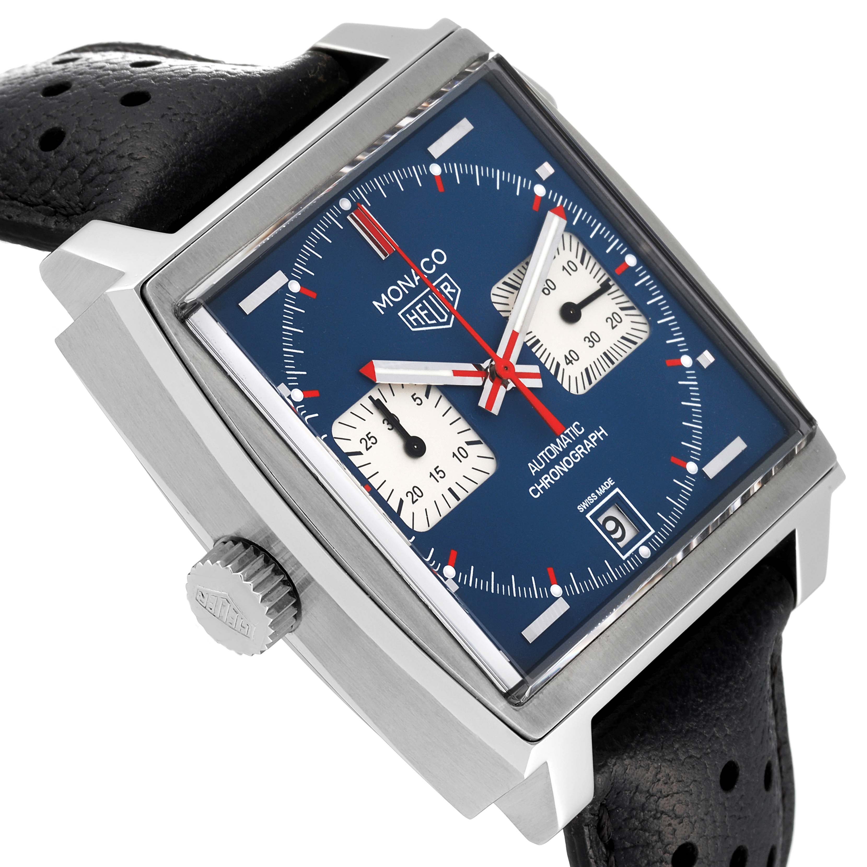 The image shows a side angle of a Tag Heuer Monaco CAW211P Men's Stainless Steel Blue Dial CAW211P Men's Stainless Steel Blue Dial watch, highlighting the dial, crown, and part of the leather strap.