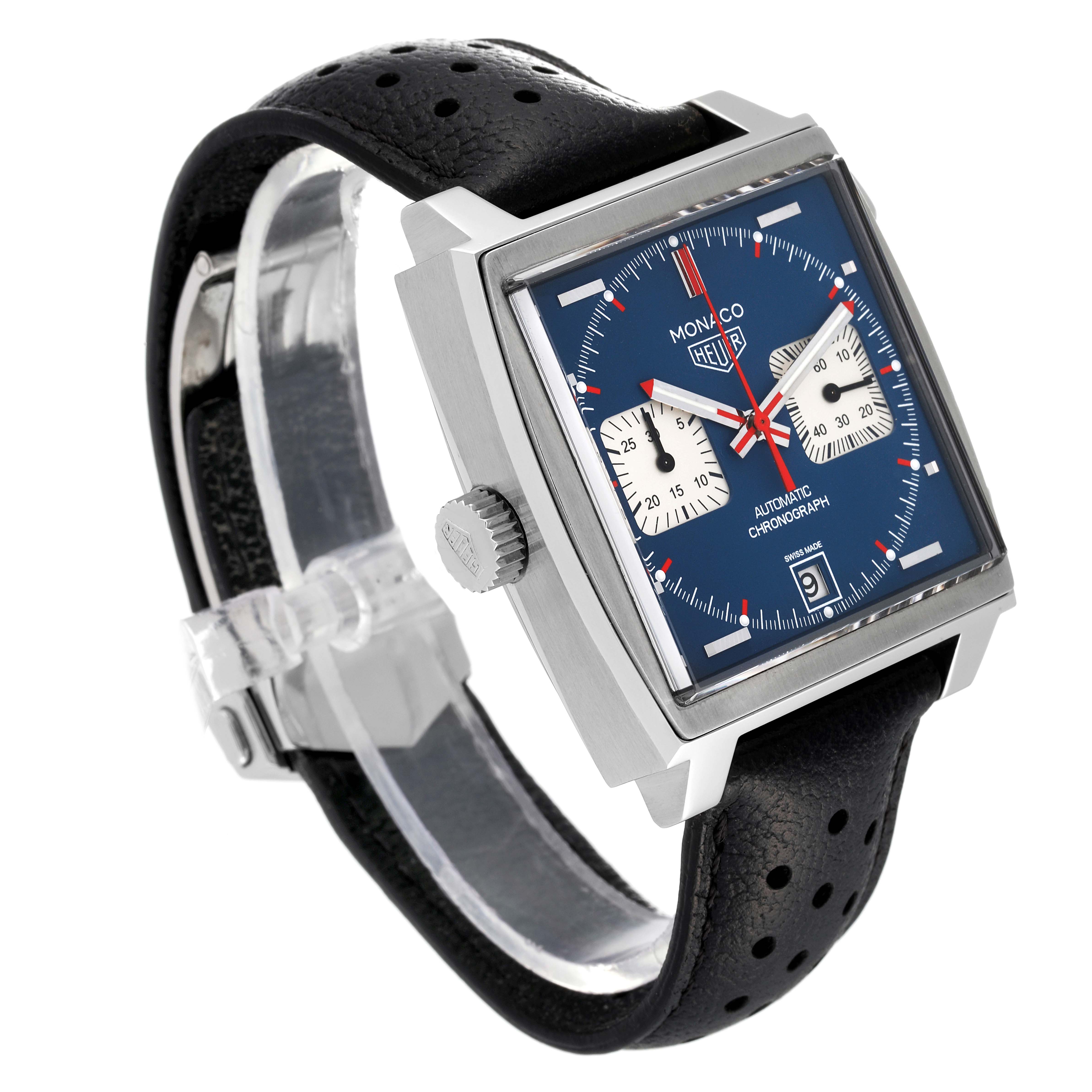 The image shows a Tag Heuer Monaco CAW211P Men's Stainless Steel Blue Dial CAW211P Men's Stainless Steel Blue Dial watch with a blue square dial, subdials, crown, and black perforated leather strap, at an angled view.