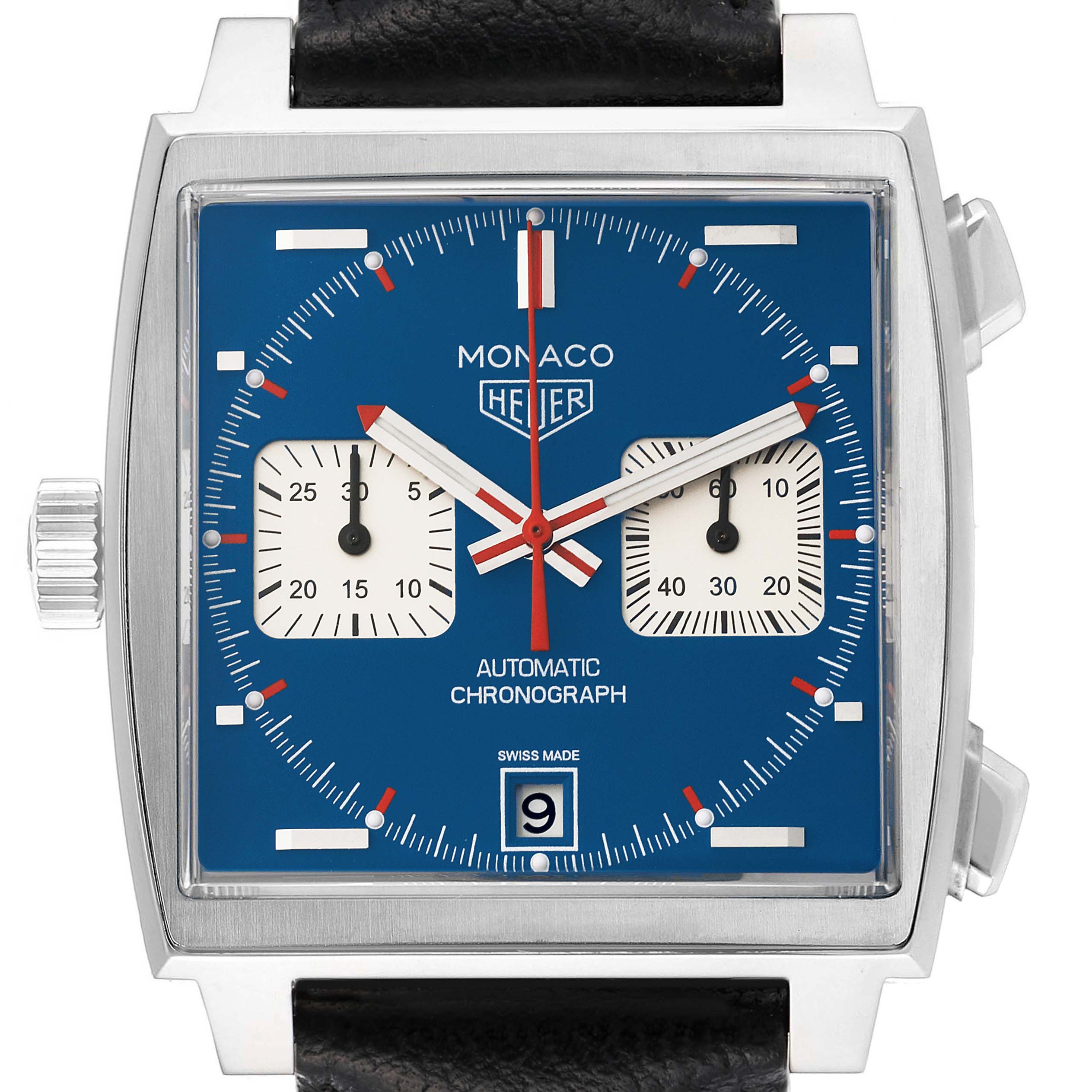 The Tag Heuer Monaco CAW211P Men's Stainless Steel Blue Dial CAW211P Men's Stainless Steel Blue Dial watch is shown from a front angle, displaying its blue dial, chronograph subdials, and date window.