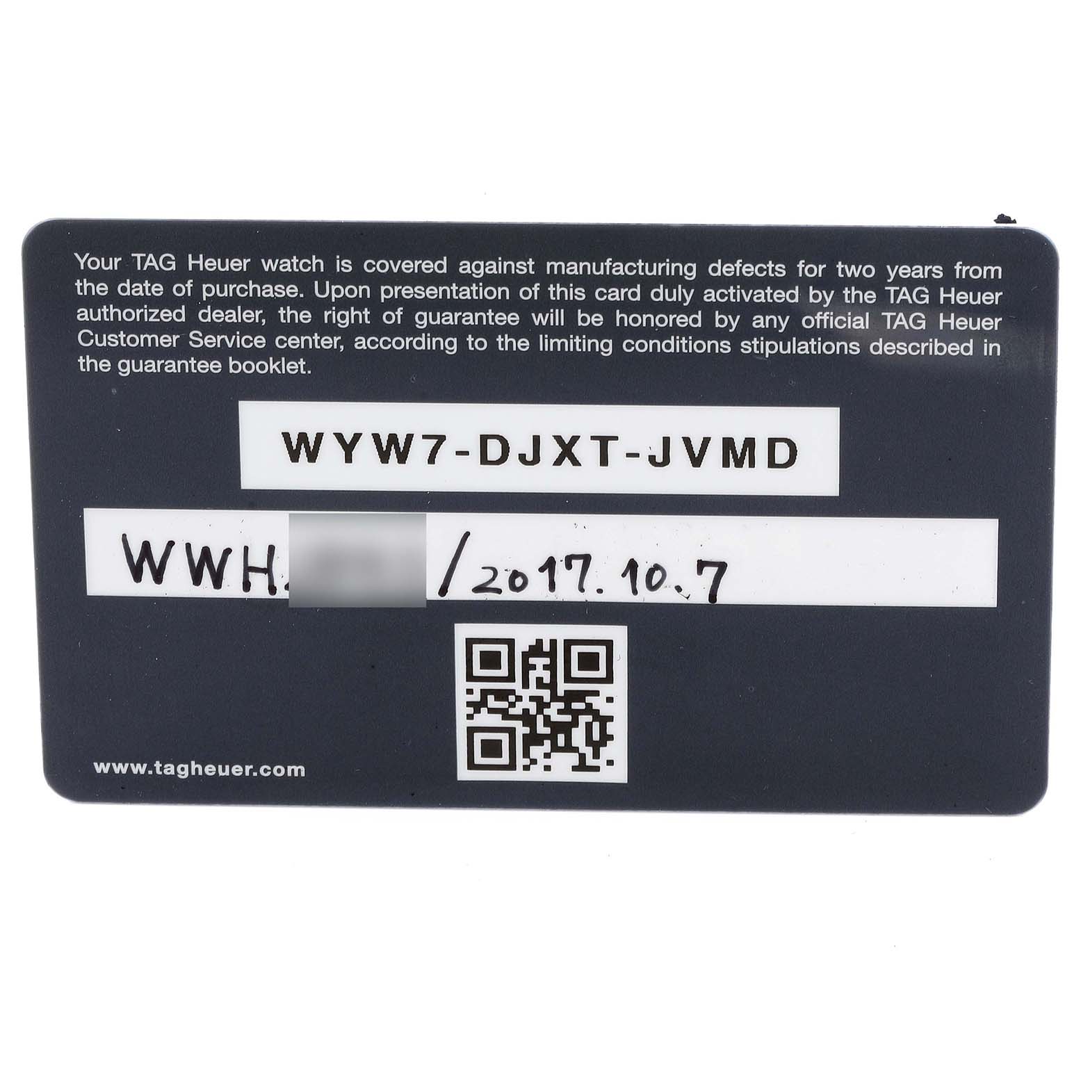 This is a warranty card for the Tag Heuer Monaco CAW211P Men's Stainless Steel Blue Dial CAW211P Men's Stainless Steel Blue Dial model, shown from a straight-on angle.