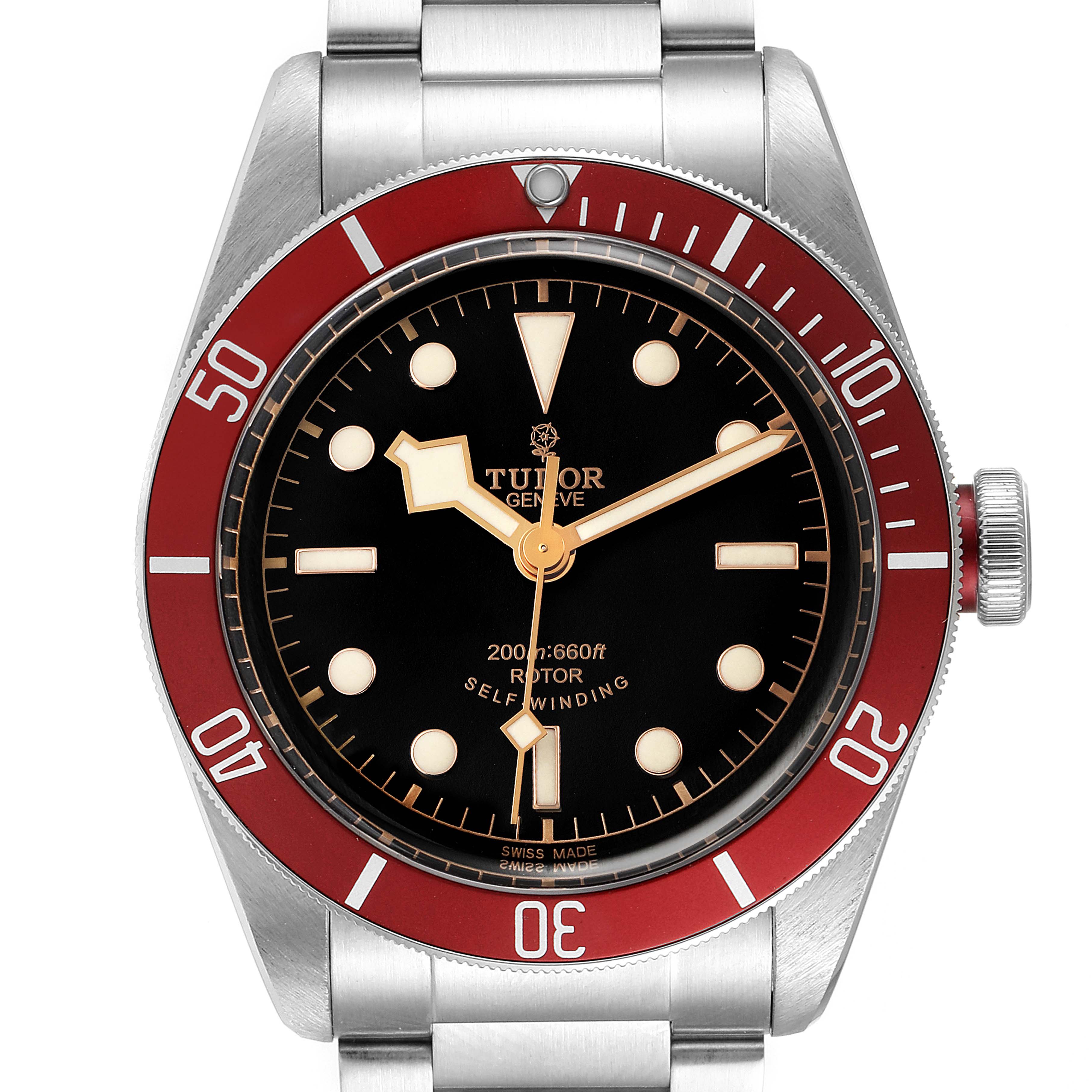 This is a front view of the Tudor Heritage Black Bay 79220R Men's Stainless Steel Black Dial 79220R Men's Stainless Steel Black Dial watch, showing the face, bezel, crown, and part of the bracelet.